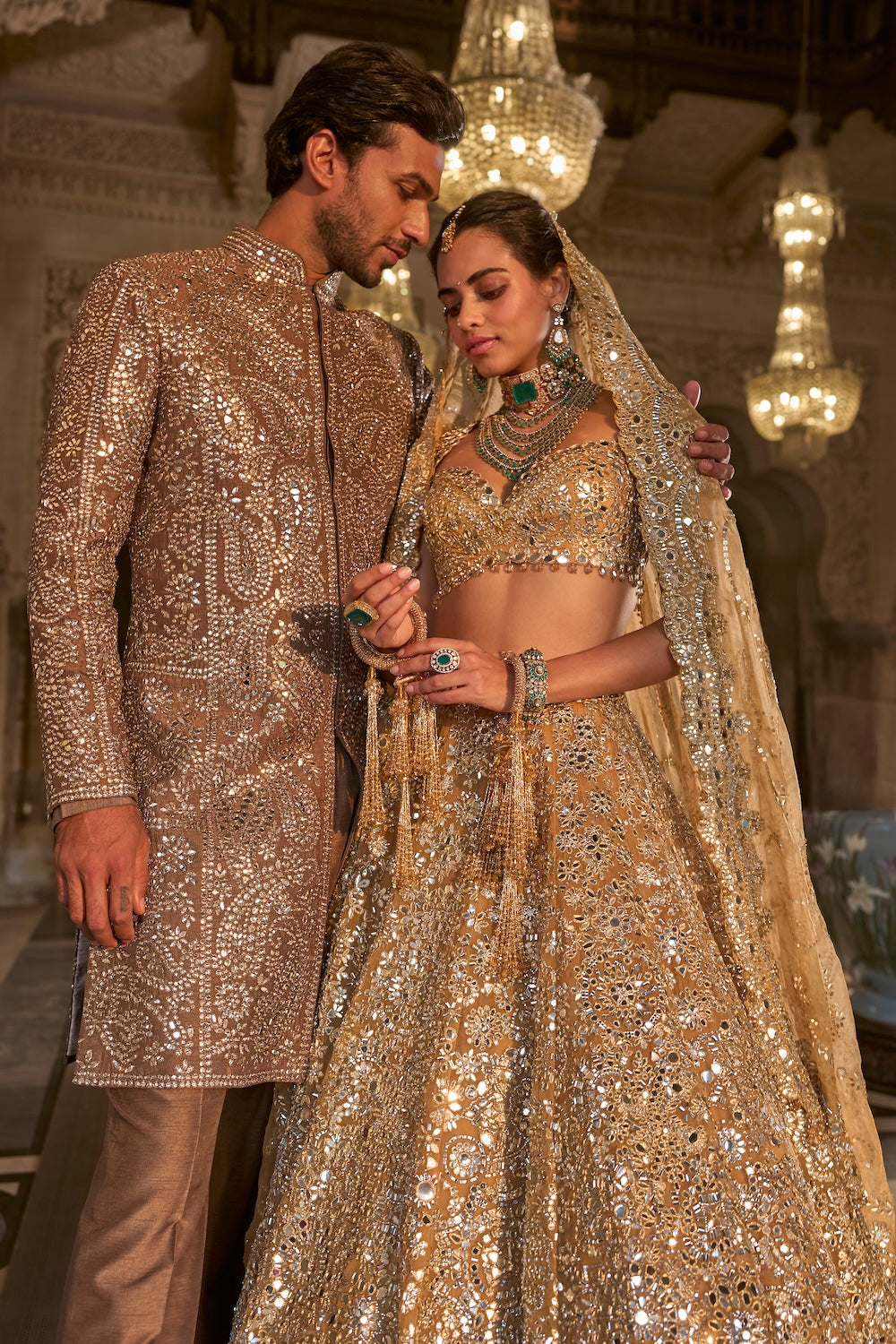 Stone Grey Mirror Work Sherwani Set