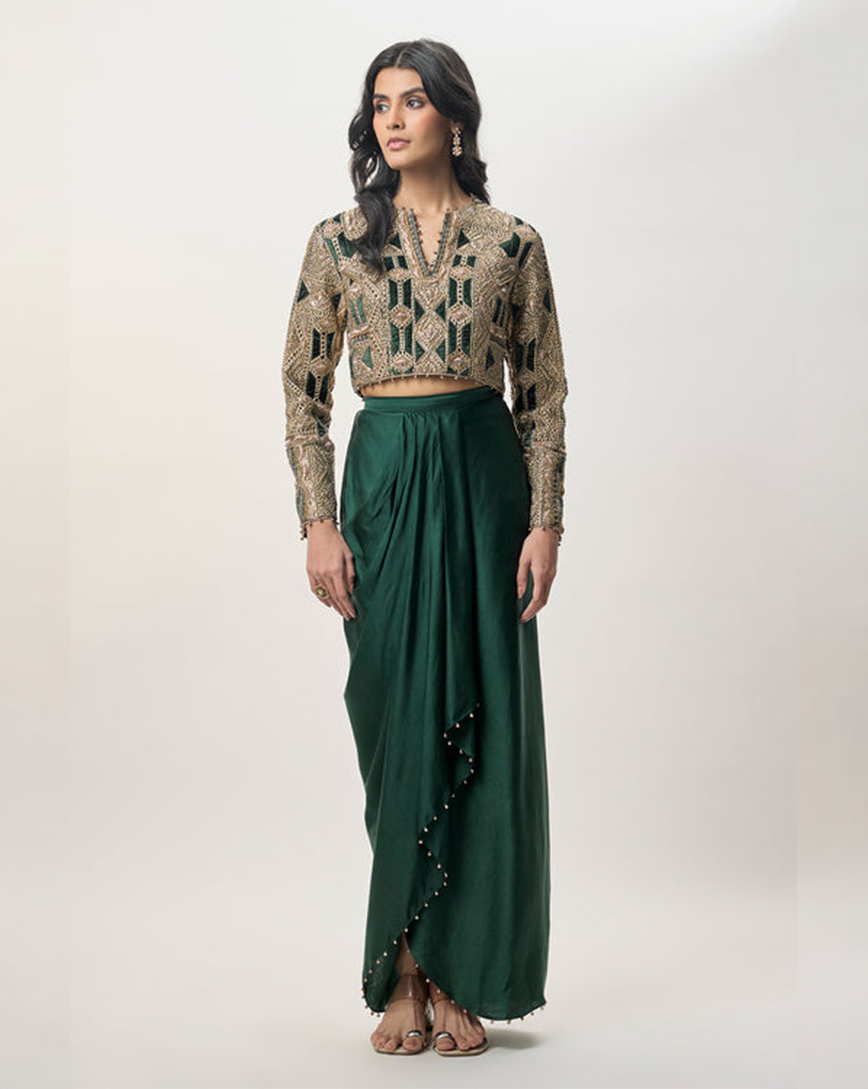 Sia Emerald Green Georgette Embroidered Choli And Modal Satin Dhoti Skirt