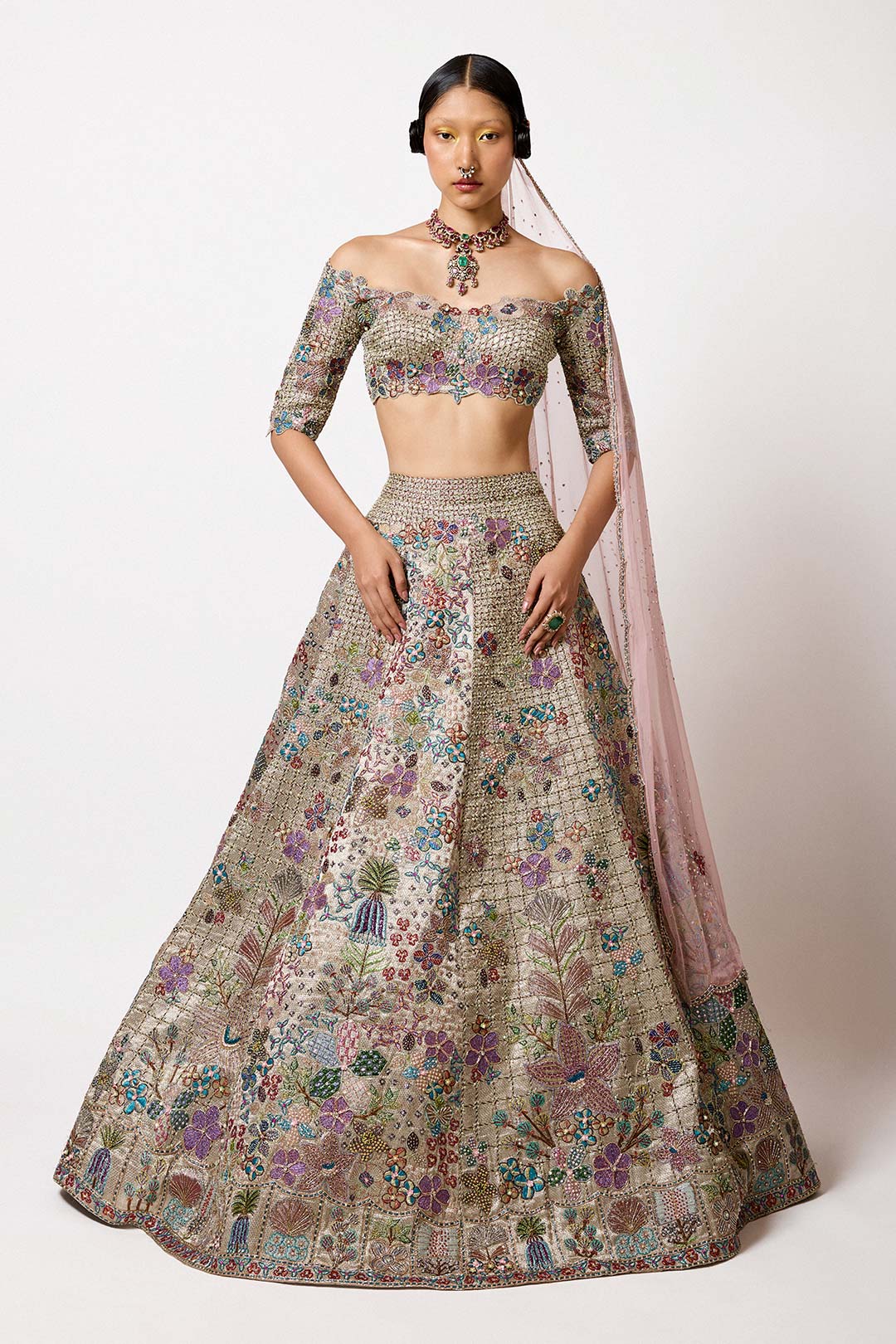 Wistoria - Silver-Gold Banarasi Tissue Brocade Lehenga