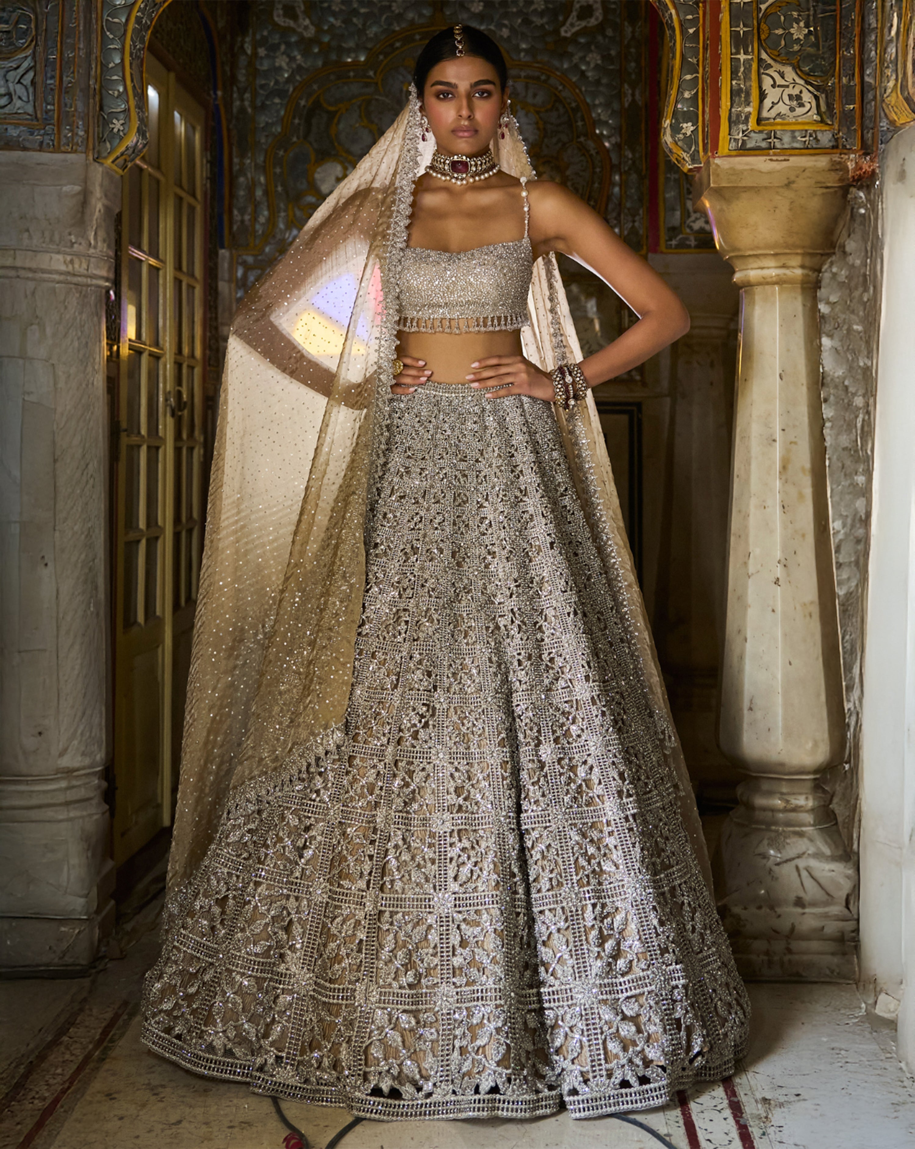 Silver Geometric Cut Work Lehenga