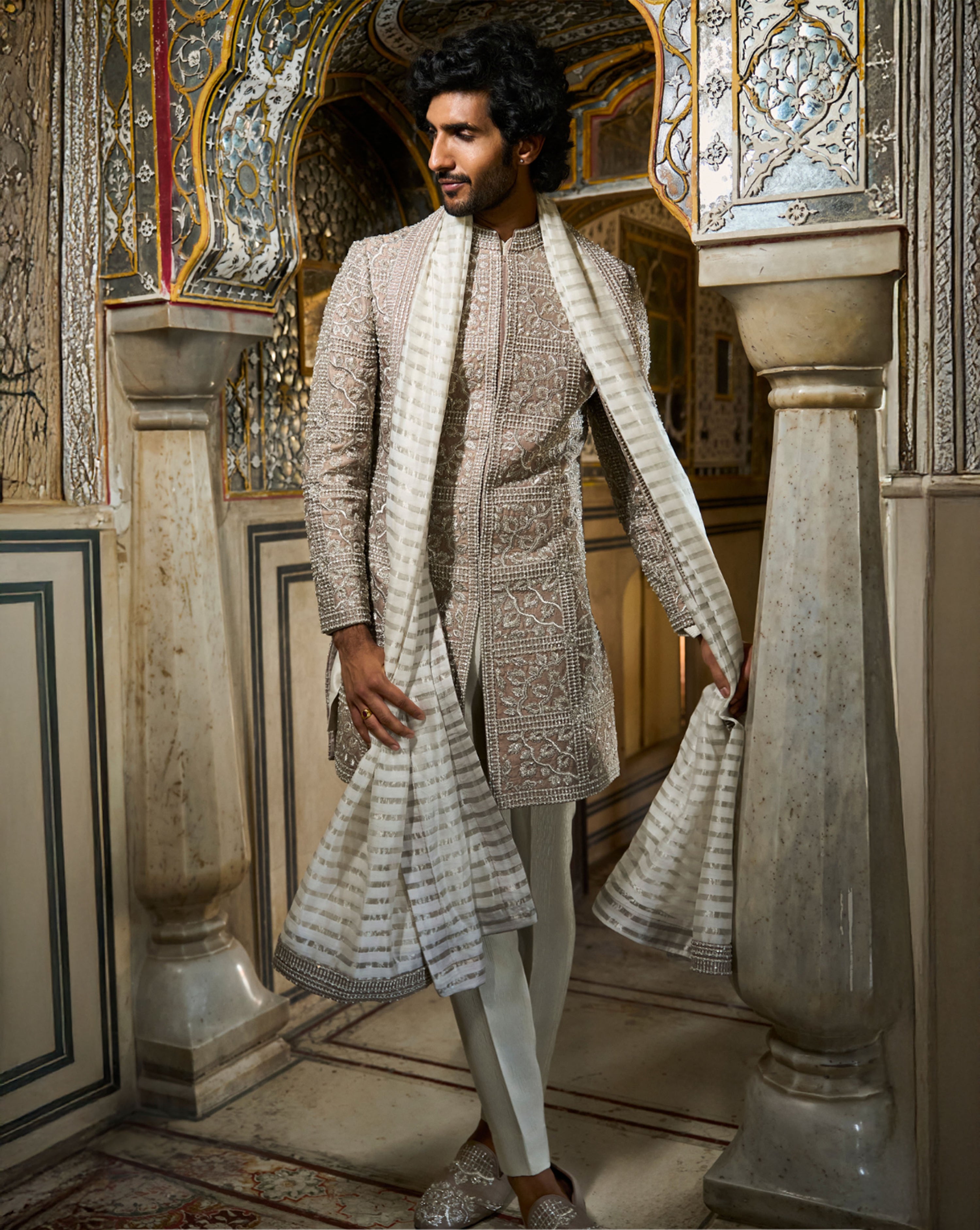 Silver Geometric Sherwani Set