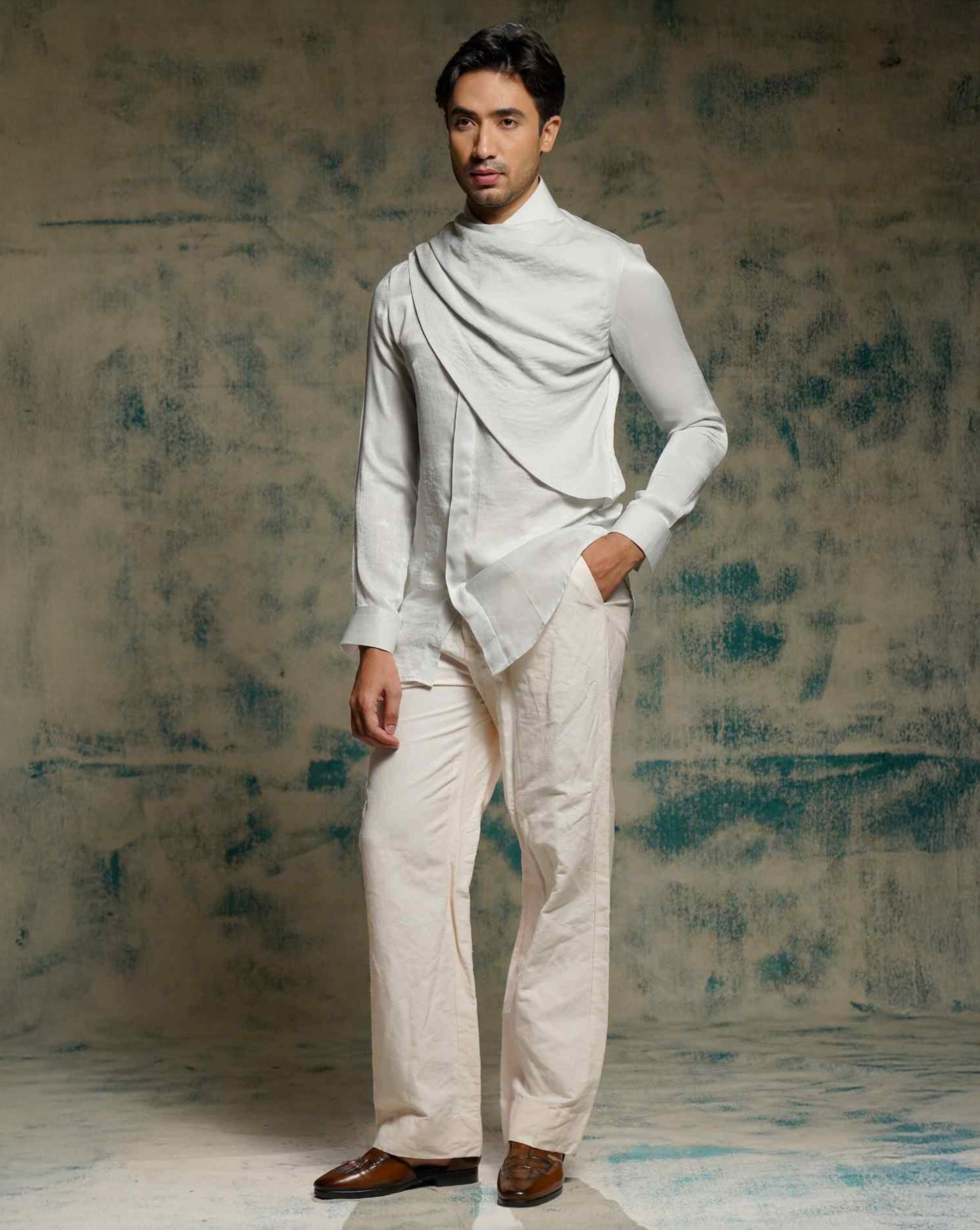 Silver Sandwash Drape Shirt Set