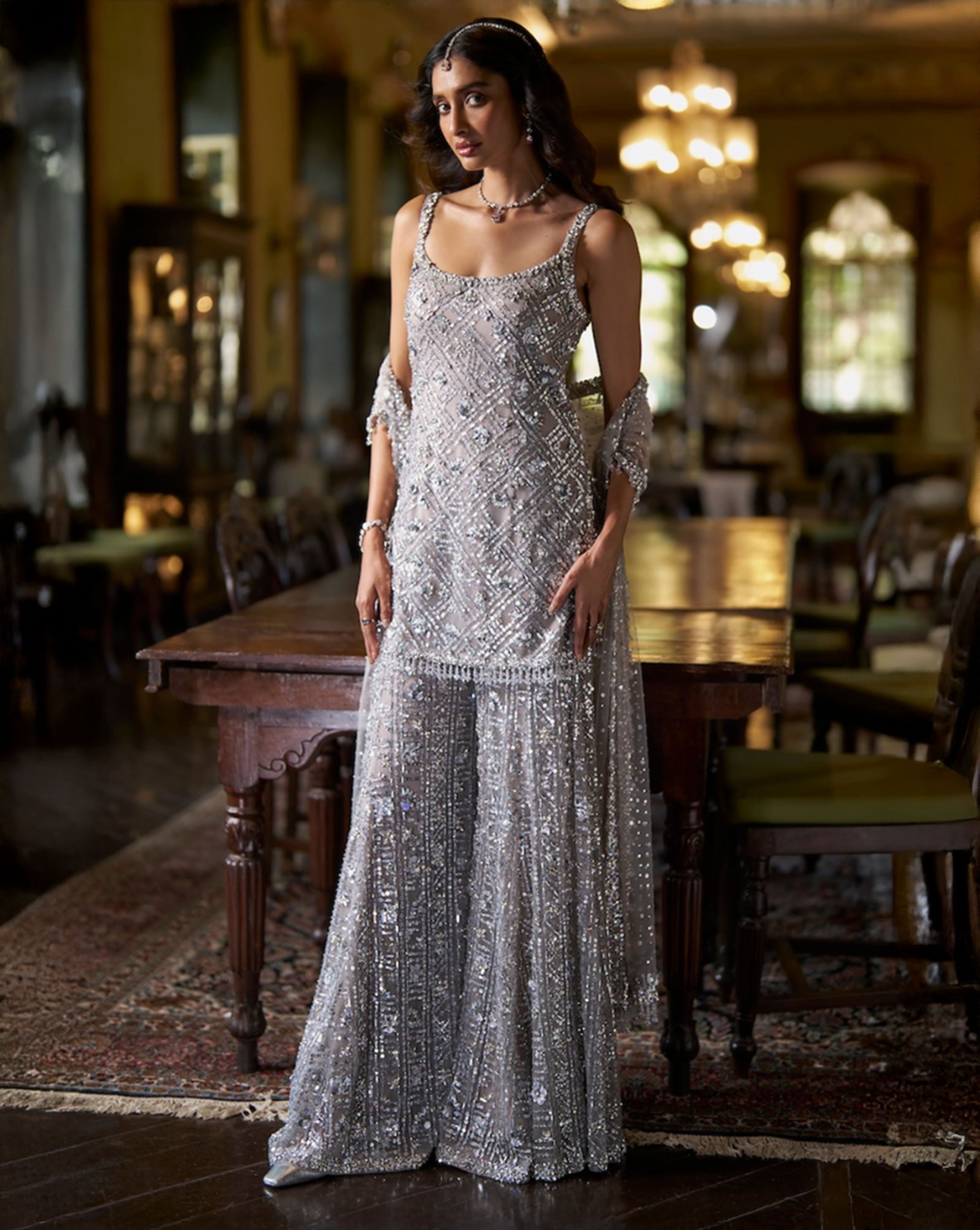 Silver Sequin Sharara Set