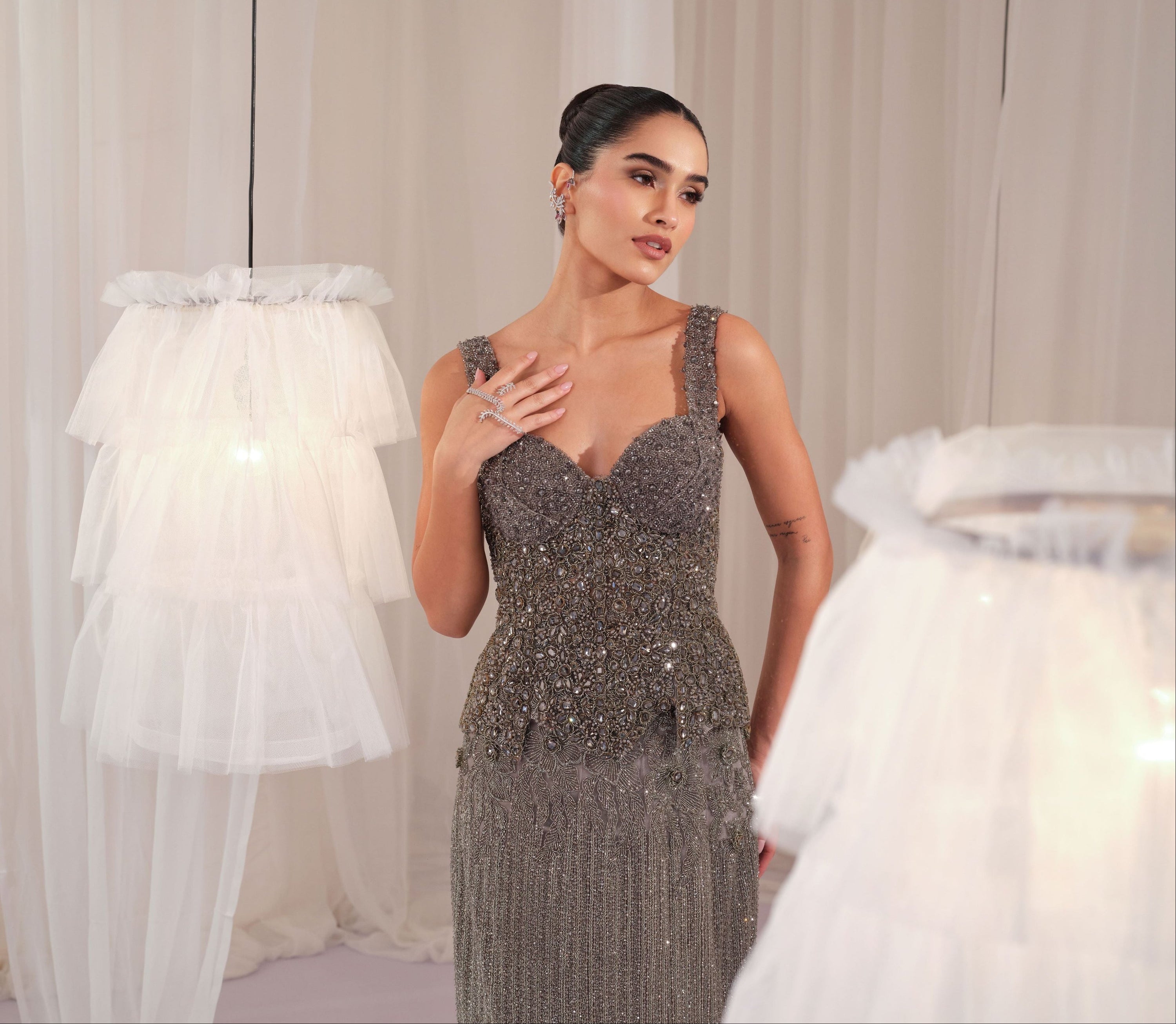Stardust Grey Crystal Corset With Fishcut Lehenga