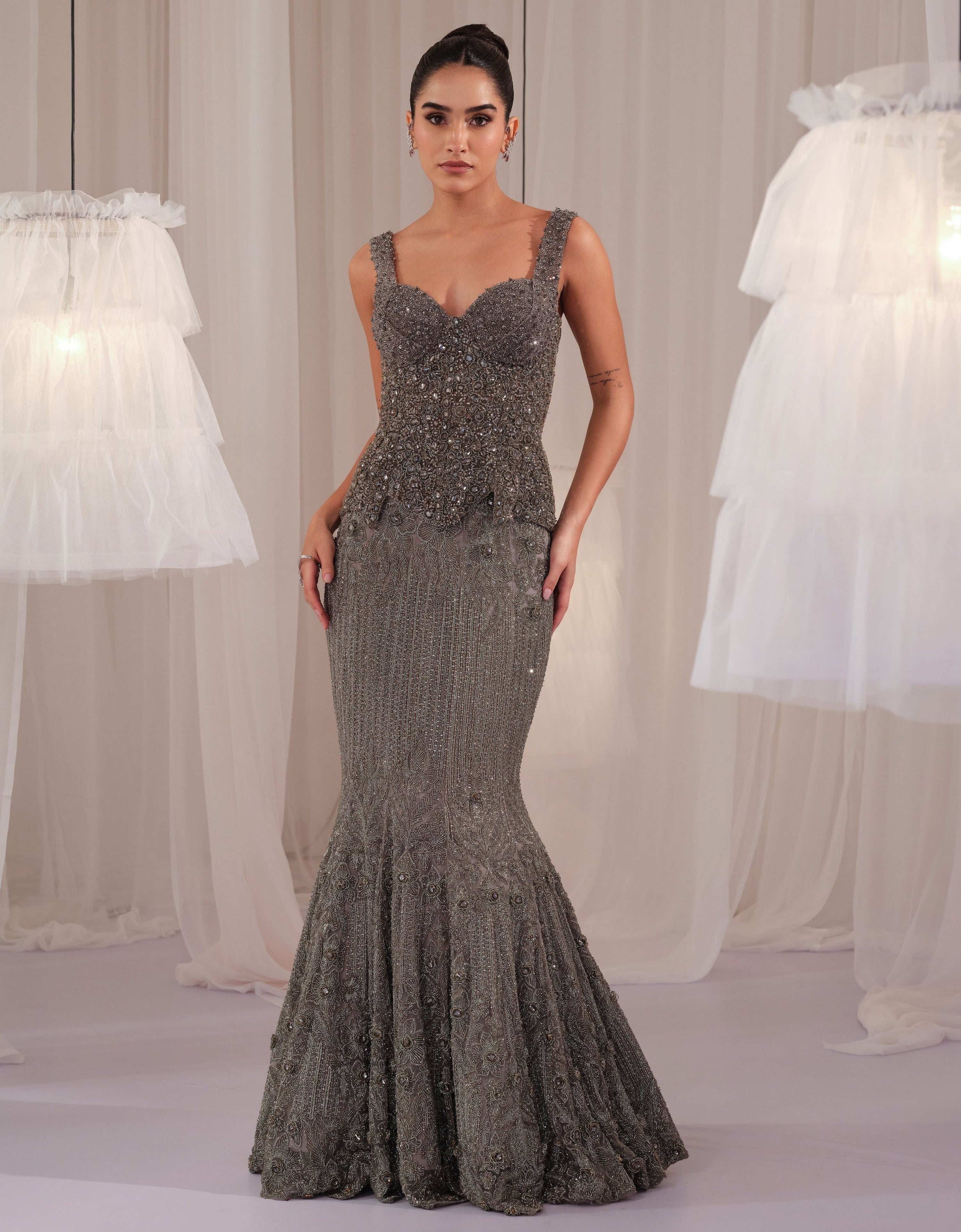 Stardust Grey Crystal Corset With Fishcut Lehenga