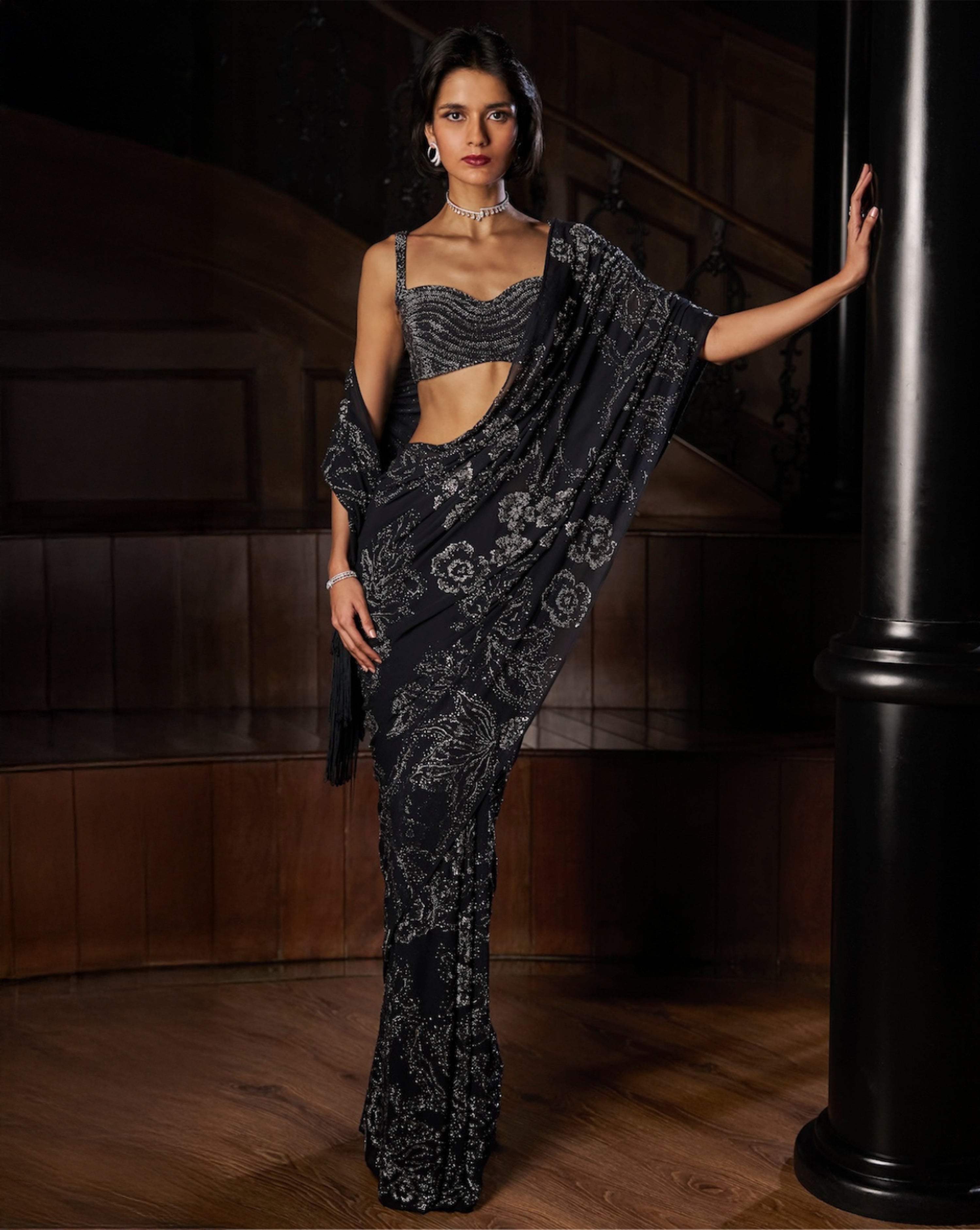 Steel Blue Crystal Georgette Saree
