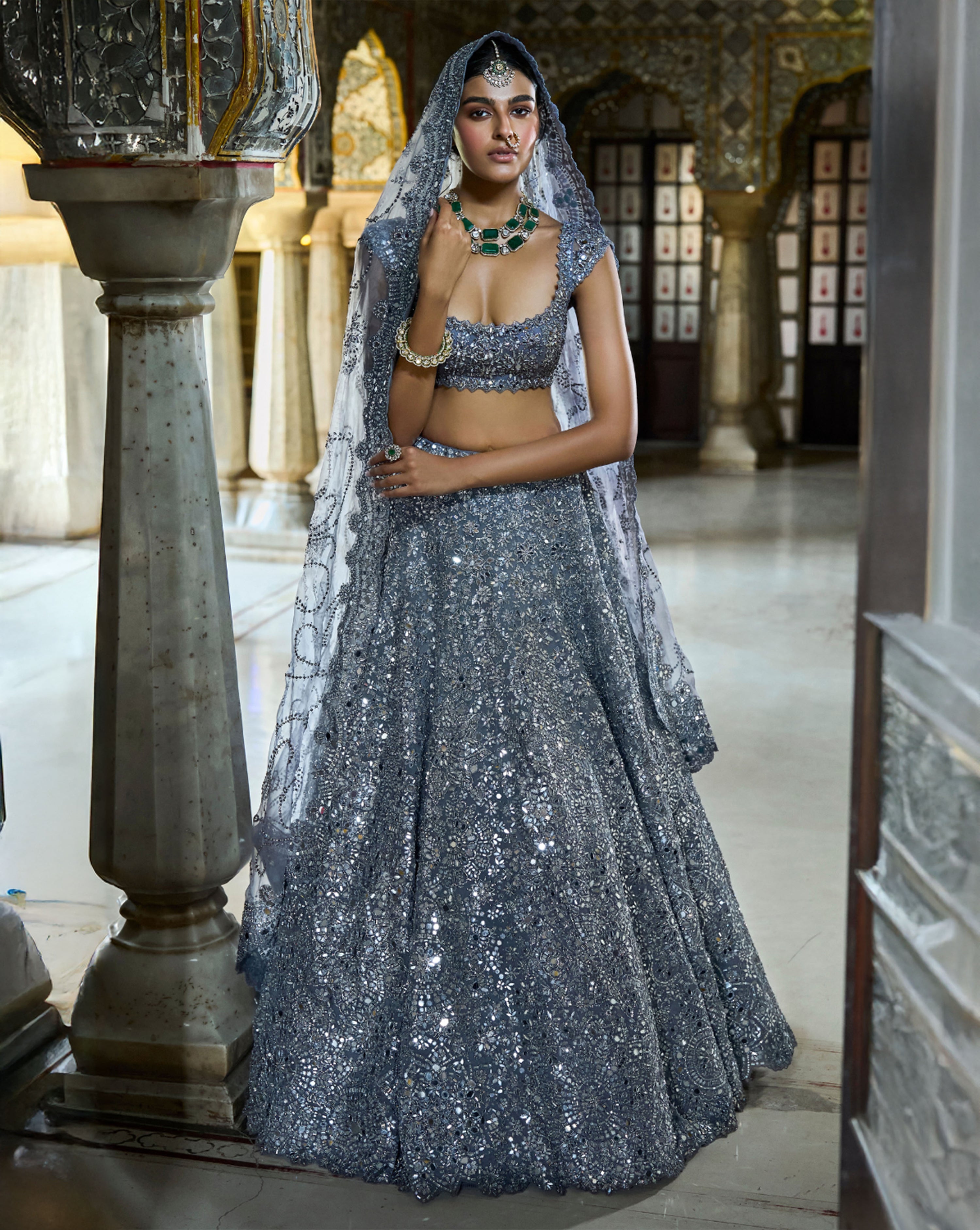 Steel Grey Mirror Work Lehenga Set