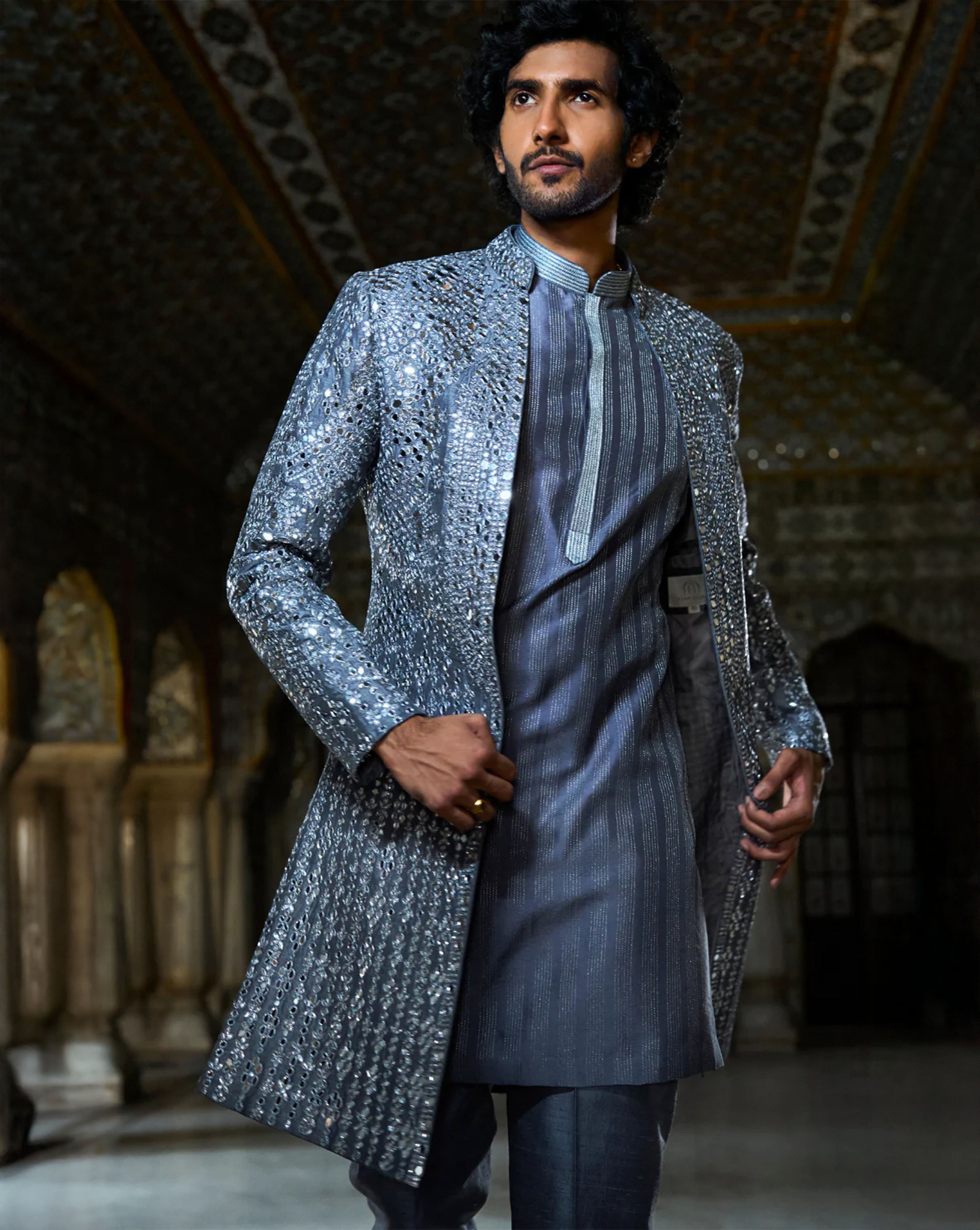 Steel Grey Mirror Work Open Jacket Set