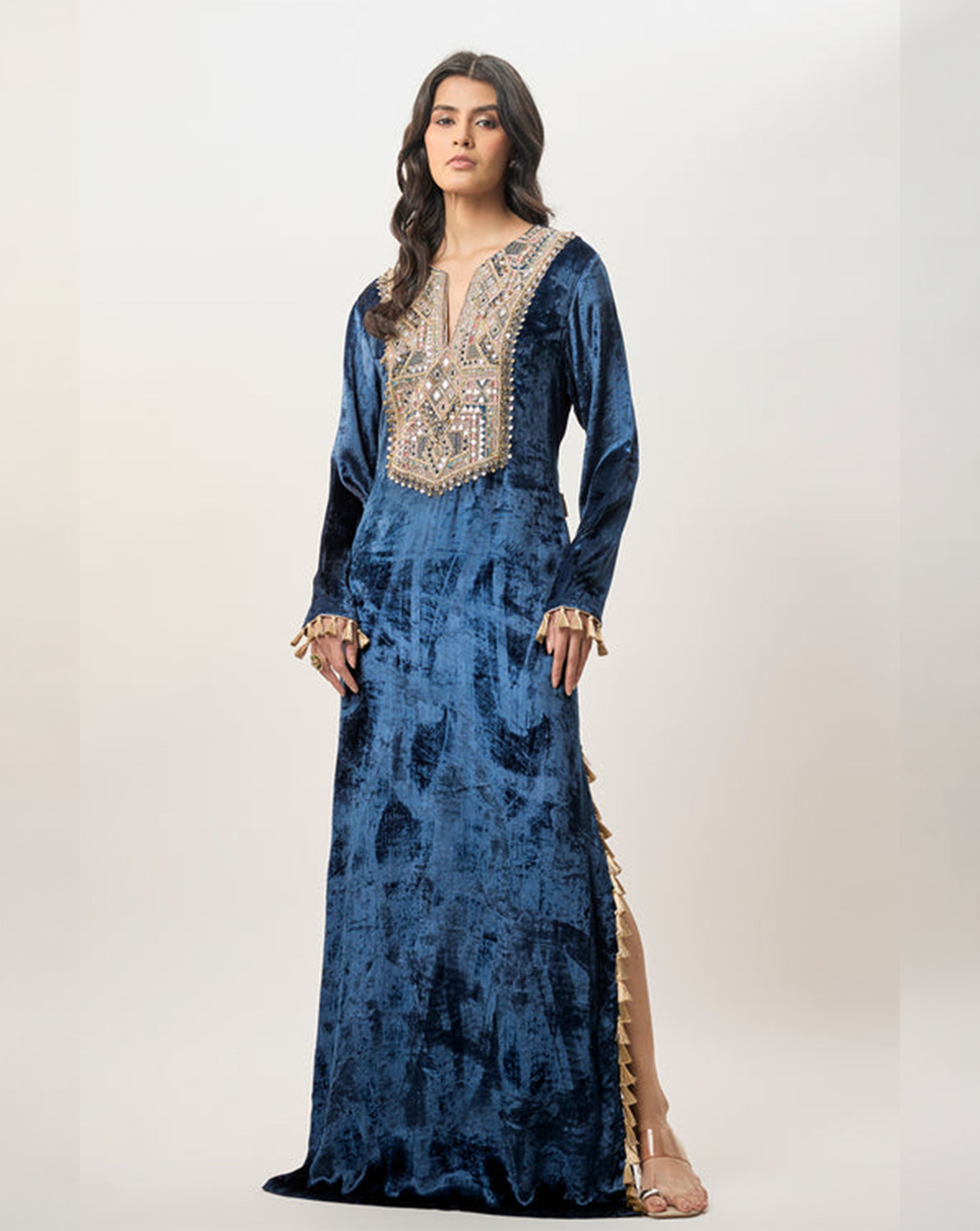 Tara Navy Blue Velvet Embroidered Yoke Beyza Kaftan