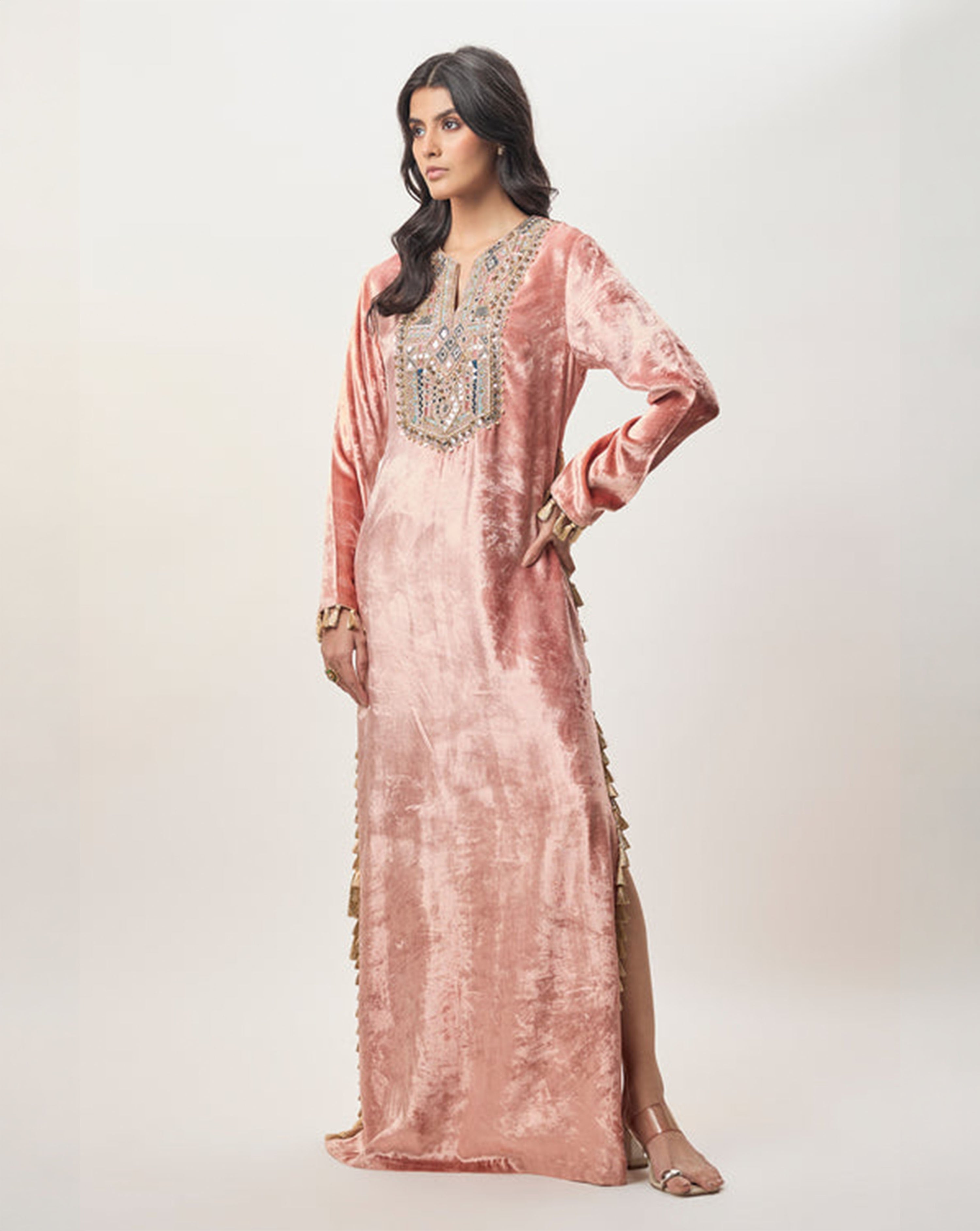 Tara Rose Pink Velvet Embroidered Yoke Beyza Kaftan
