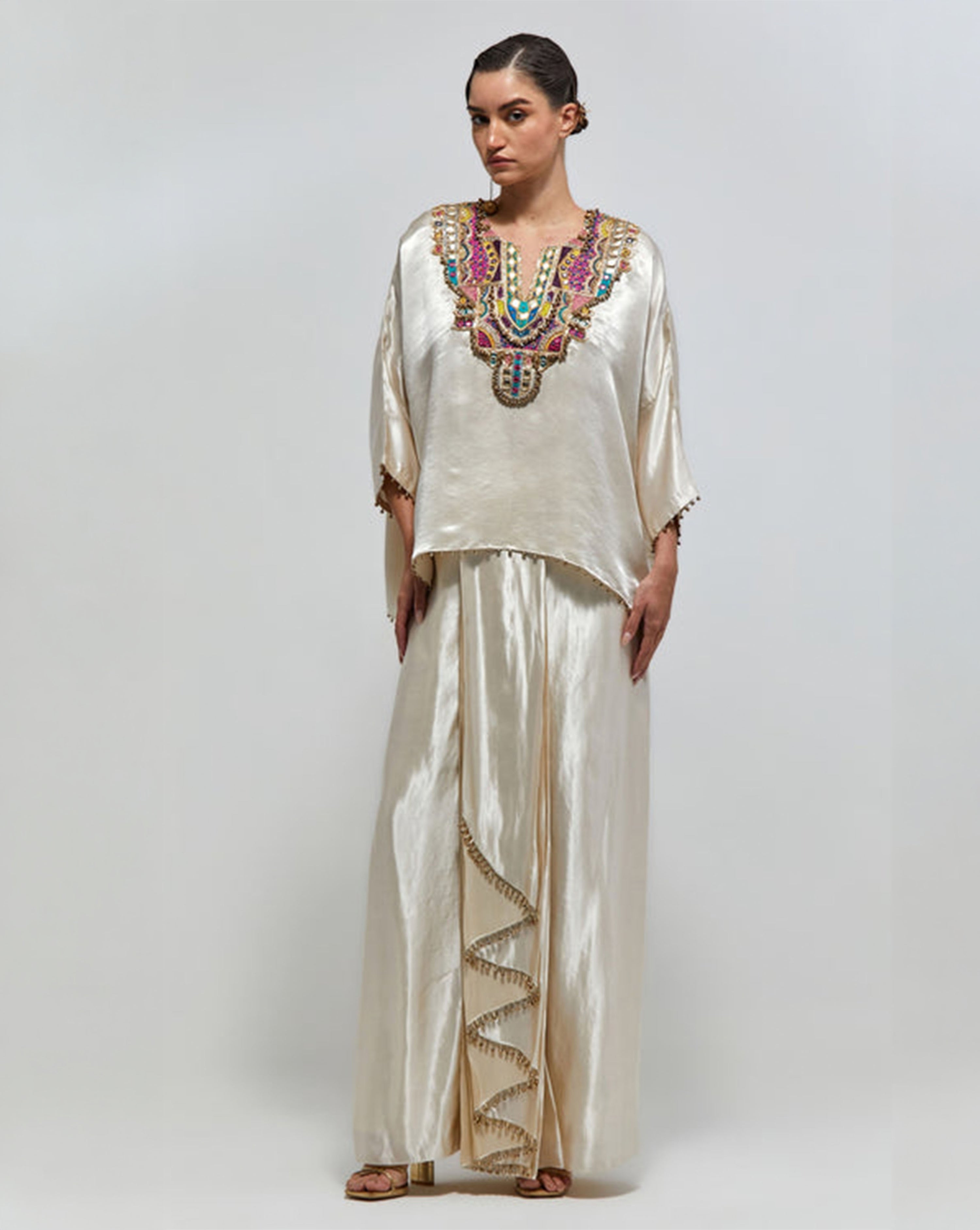 Taraz Champagne Modal Satin Embroidered Yoke Top And Lungi Skirt