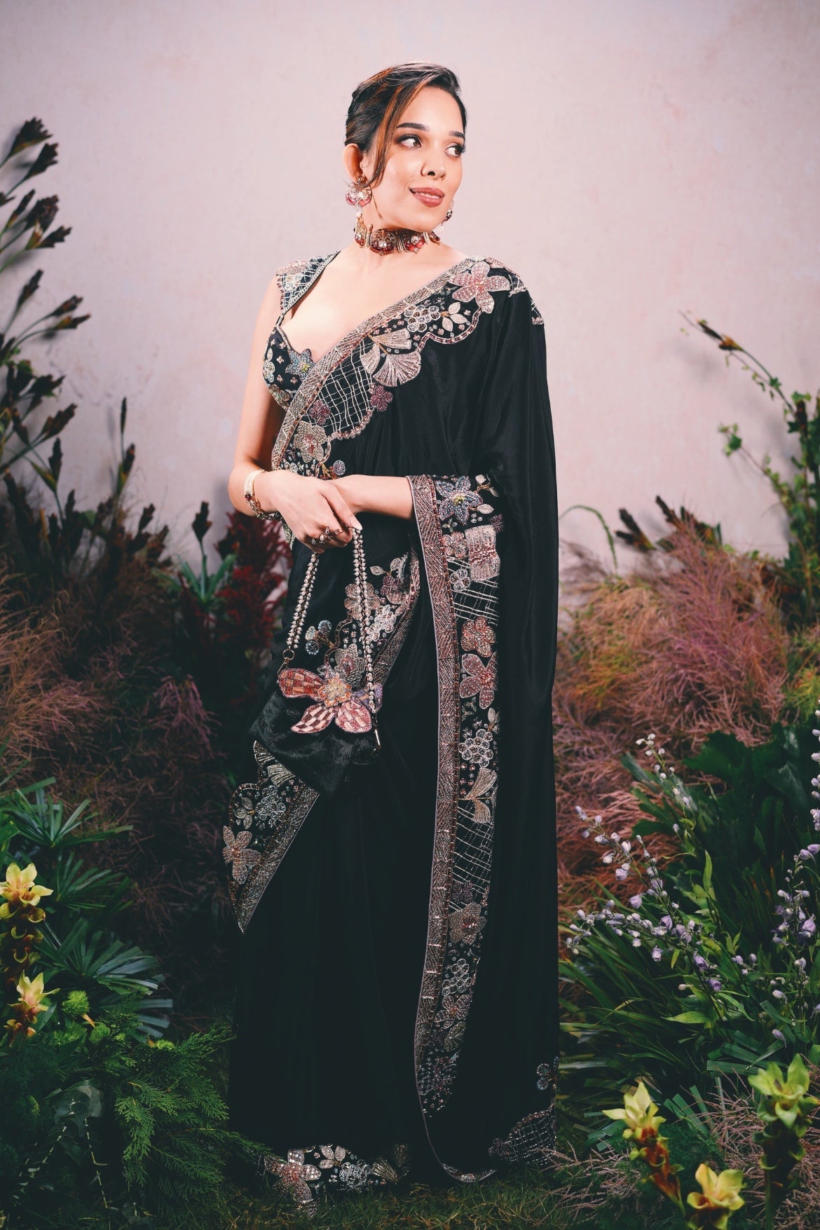Trinetra in Shinora - Black Mulberry Crepe Saree