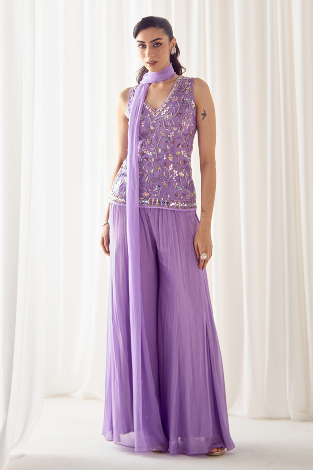 Lavender Fitted Kurta With Sharara Set