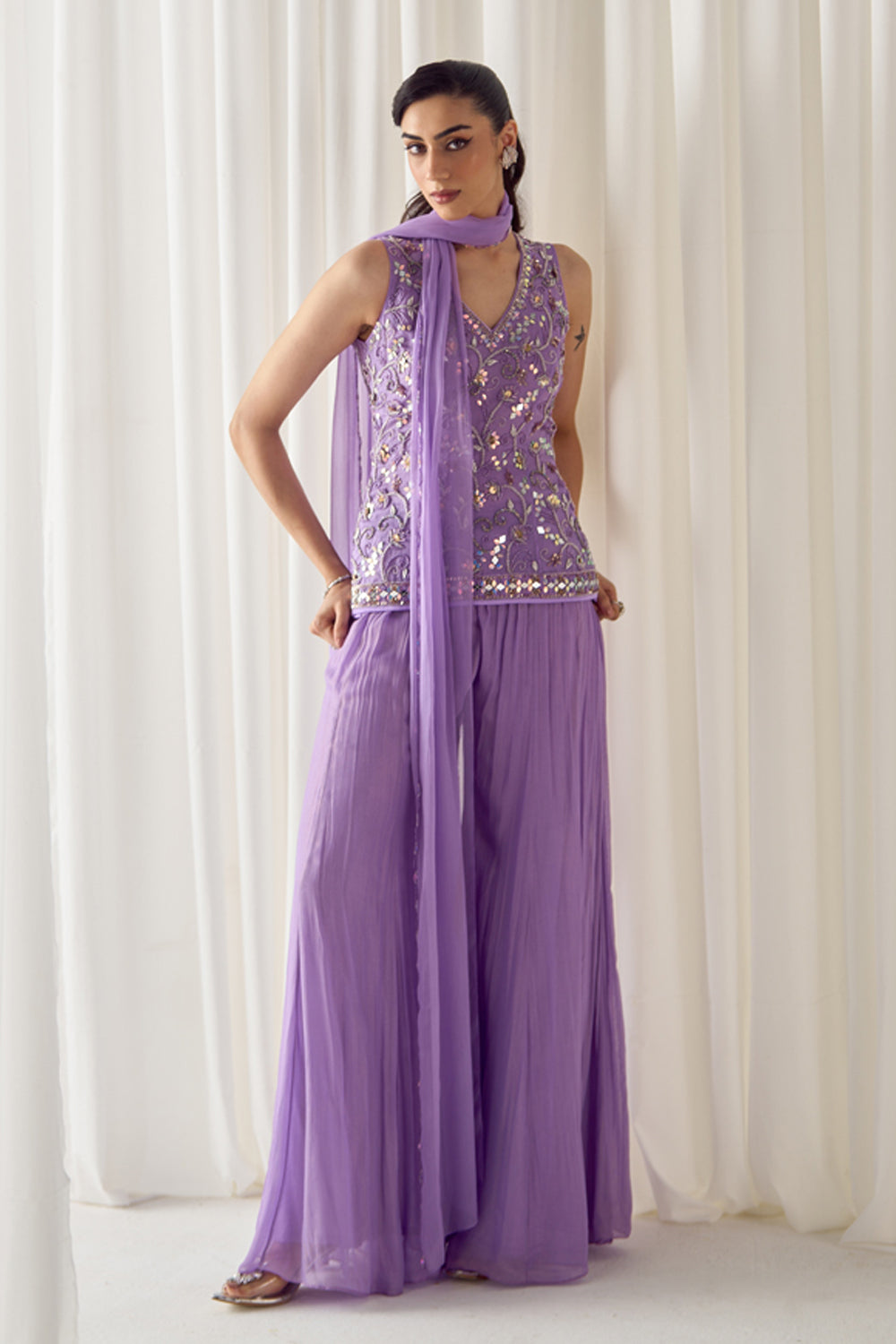 Lavender Fitted Kurta With Sharara Set