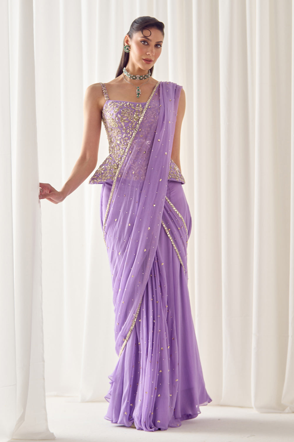 Lavender Pre Stitched Saree With Corset
