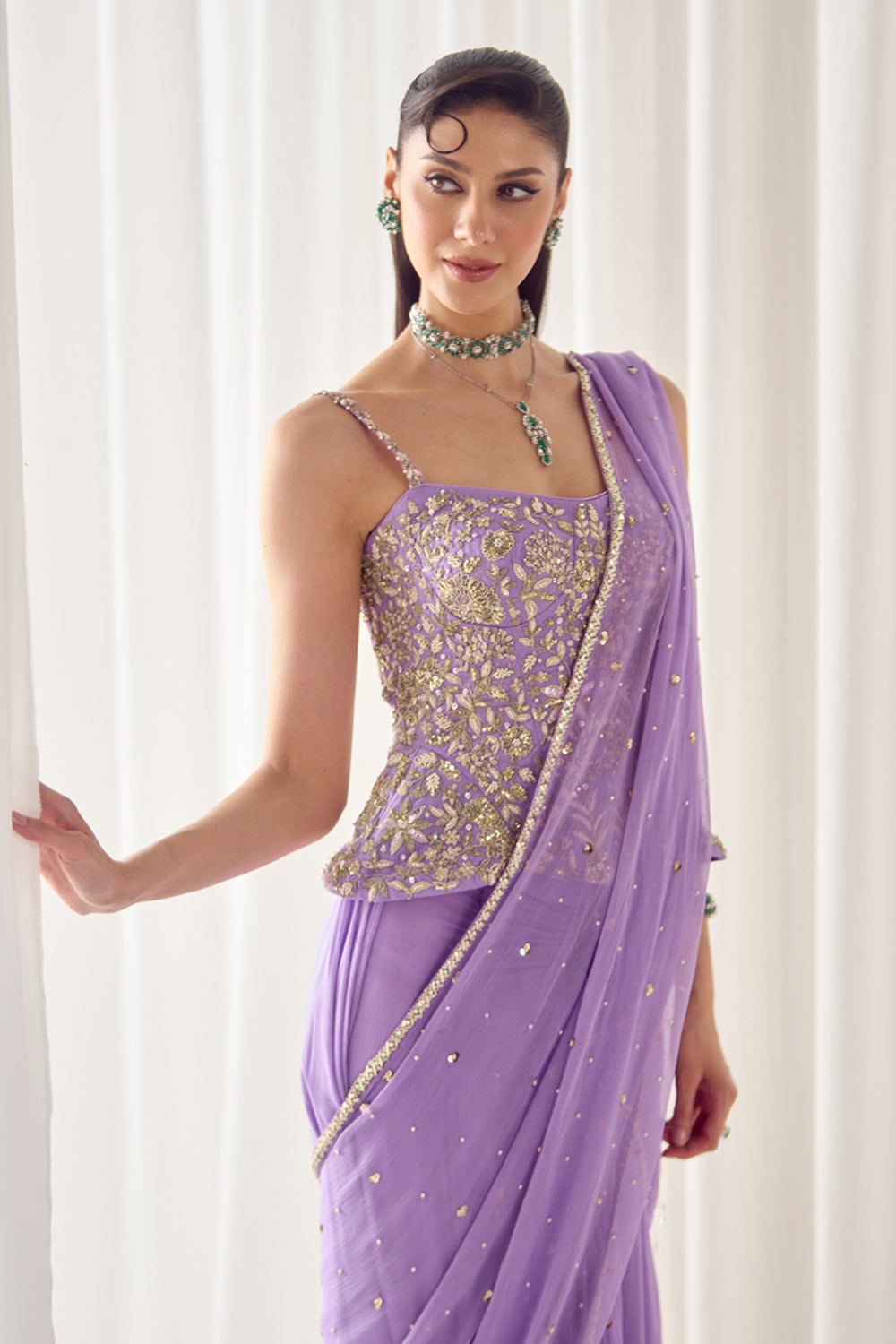 Lavender Pre Stitched Saree With Corset