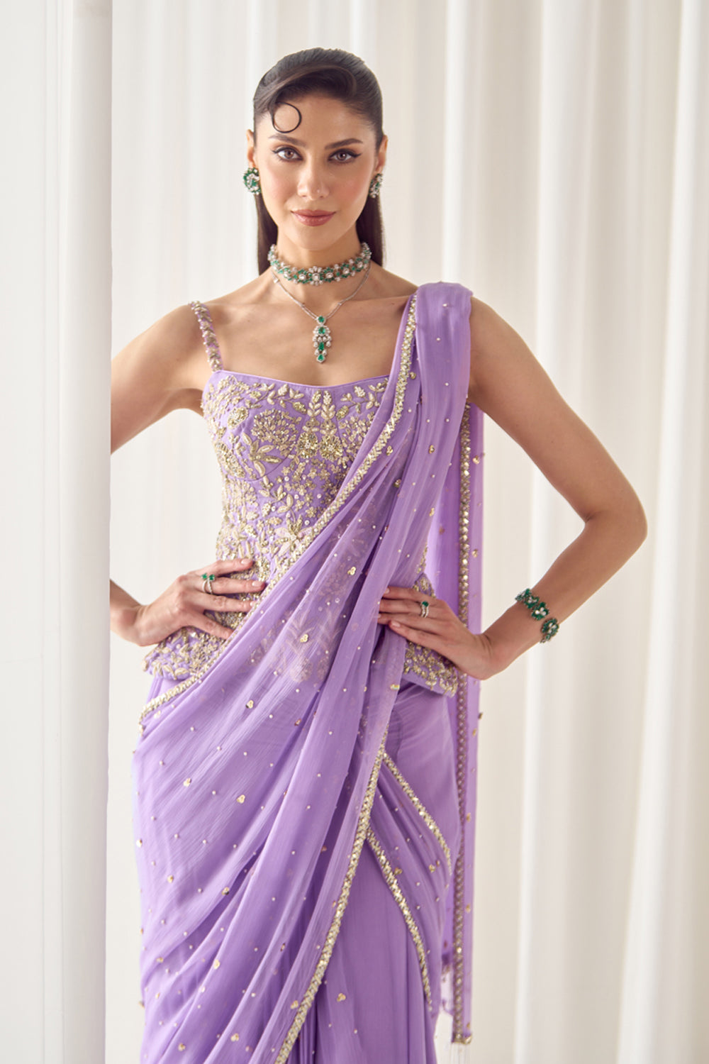 Lavender Pre Stitched Saree With Corset