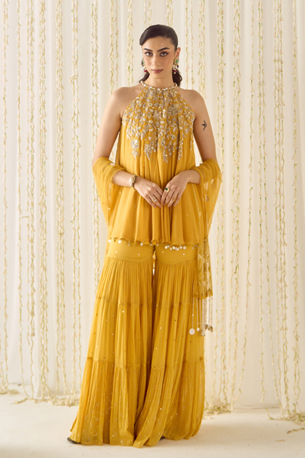 Mustard A-Line Kurta Sharara Set