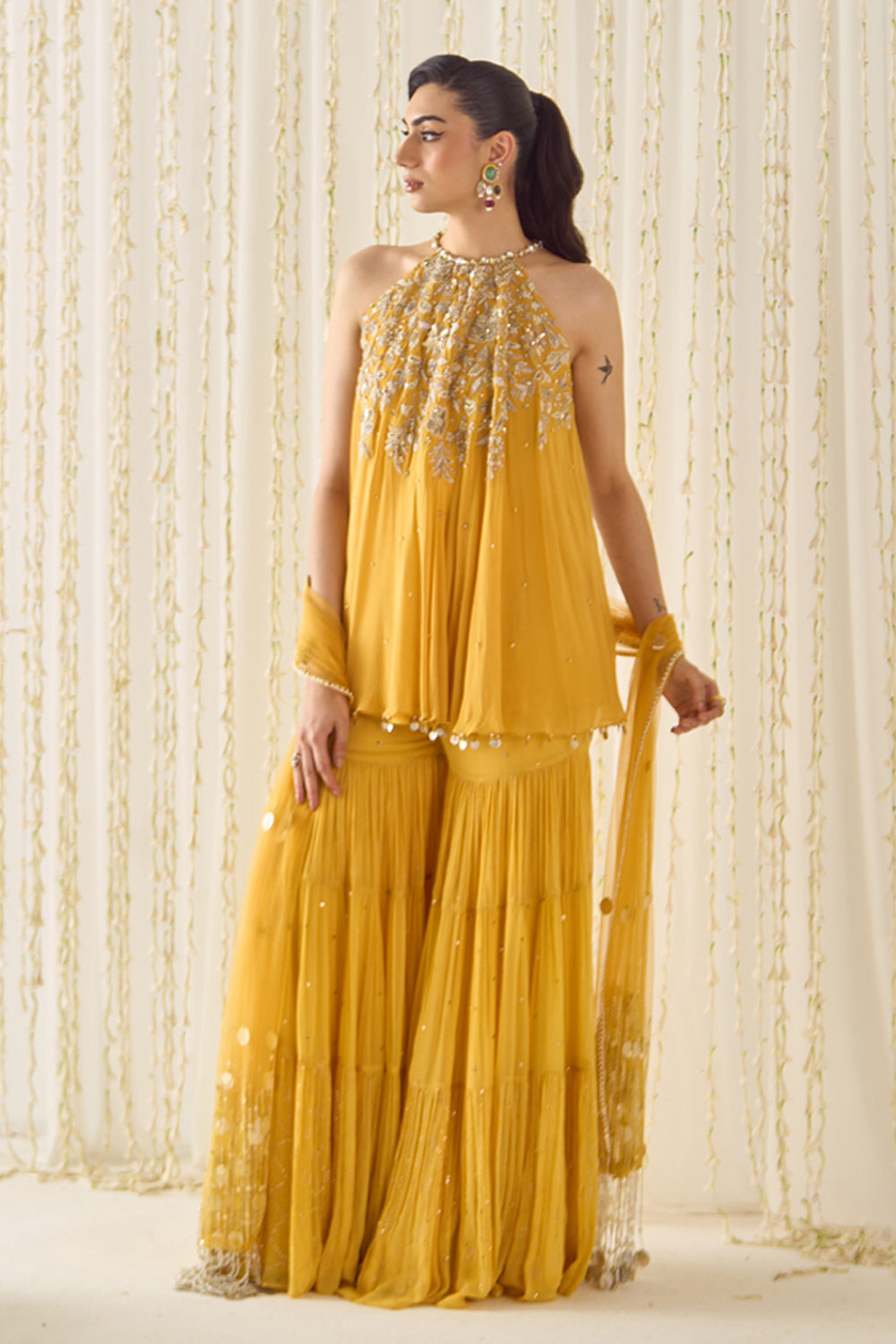 Mustard A-Line Kurta Sharara Set