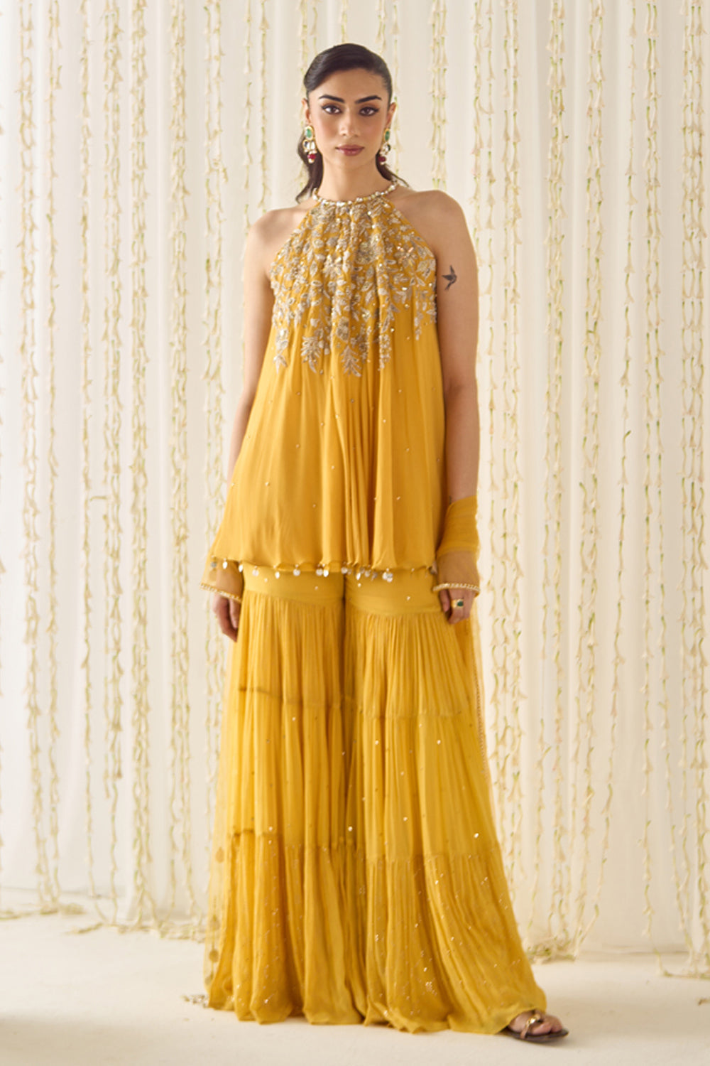 Mustard A-Line Kurta Sharara Set
