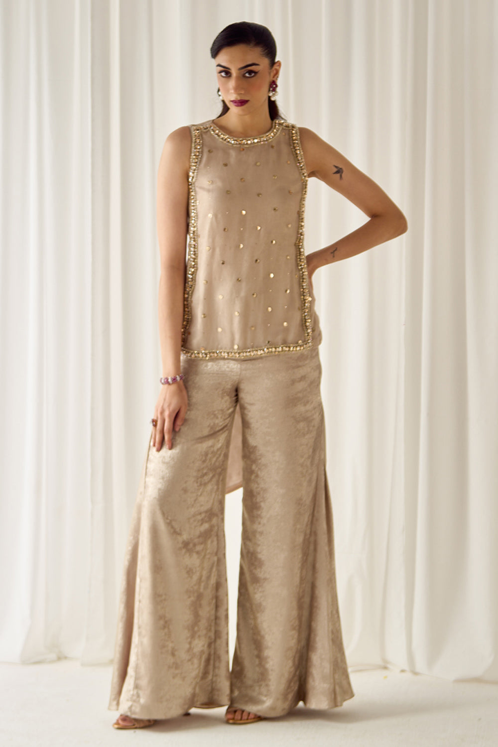 Beige Mukaish-Work Co-ord Set