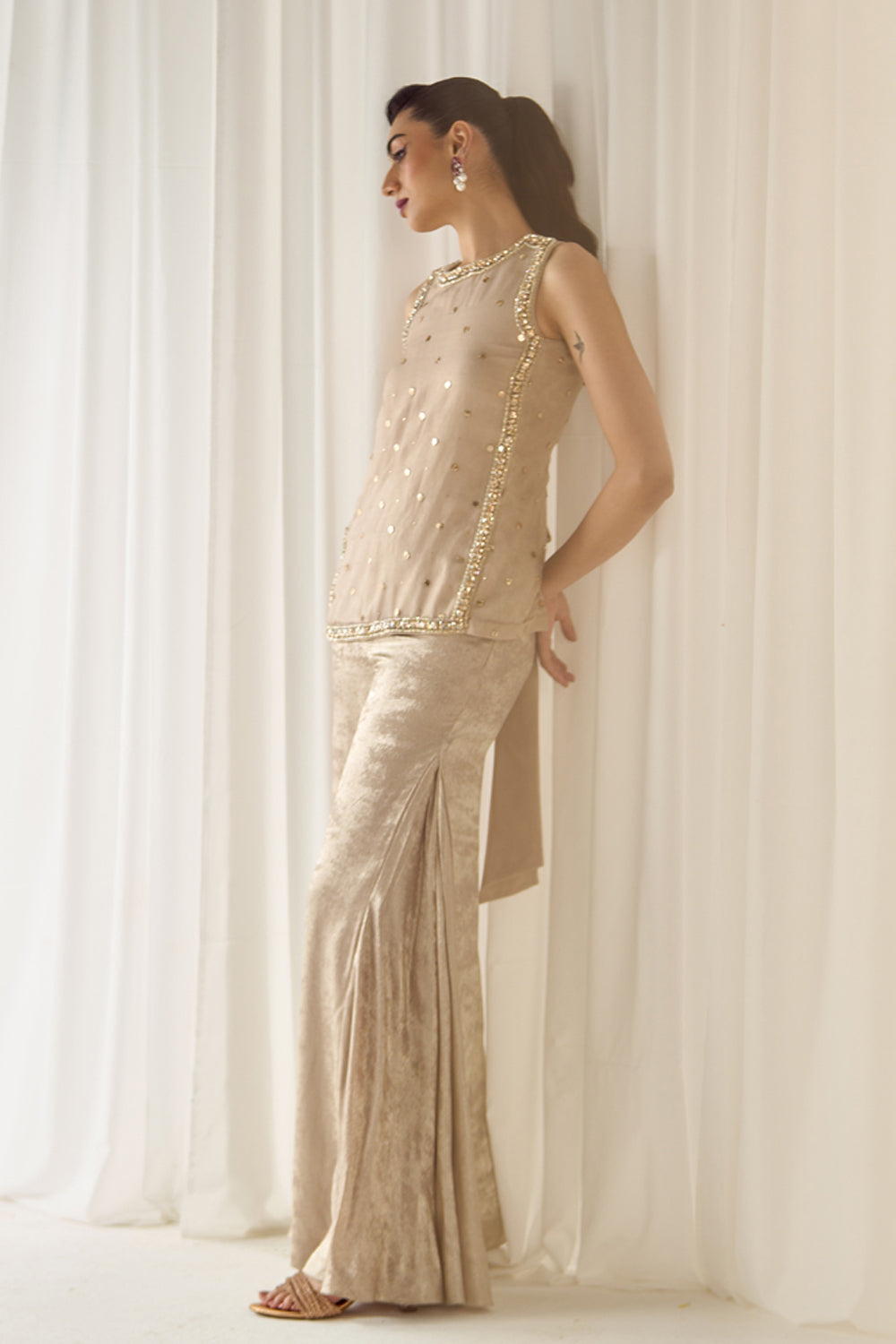 Beige Mukaish-Work Co-ord Set