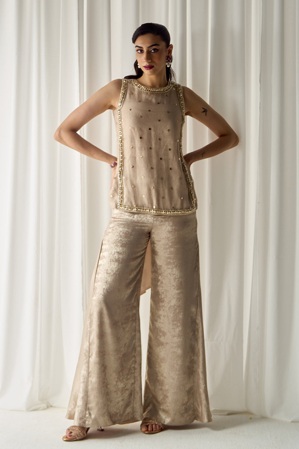 Beige Mukaish-Work Co-ord Set