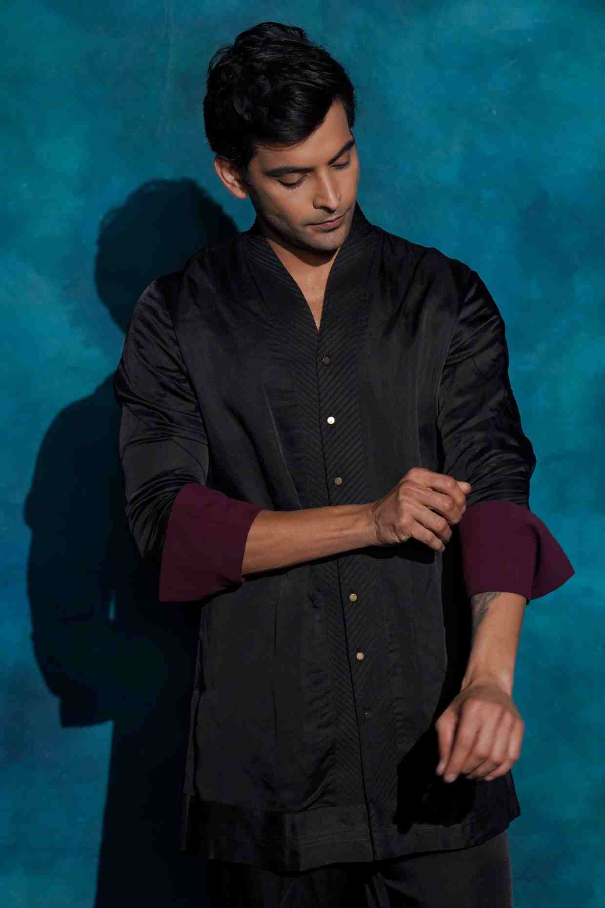 Black Shawl Collar Kurta Set