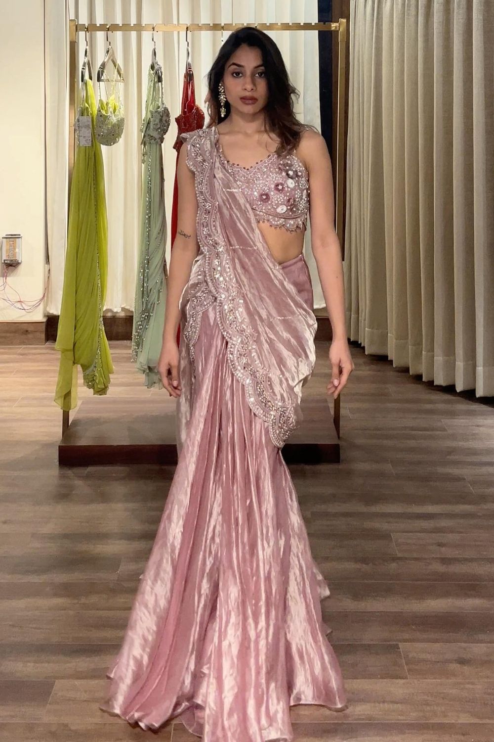 Champagne Rose Pre-Draped Saree