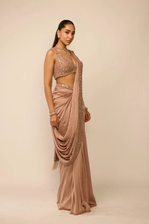 Bronze Rosé Satin Draped Saree Set