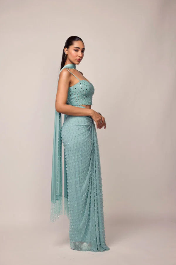 Powder Blue Single Drop Draped Skirt Set