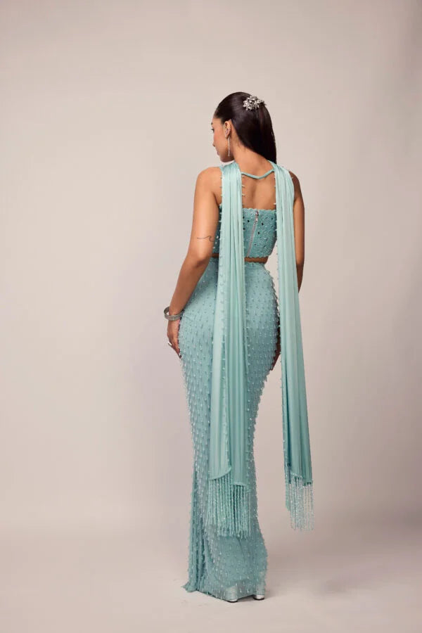 Powder Blue Single Drop Draped Skirt Set