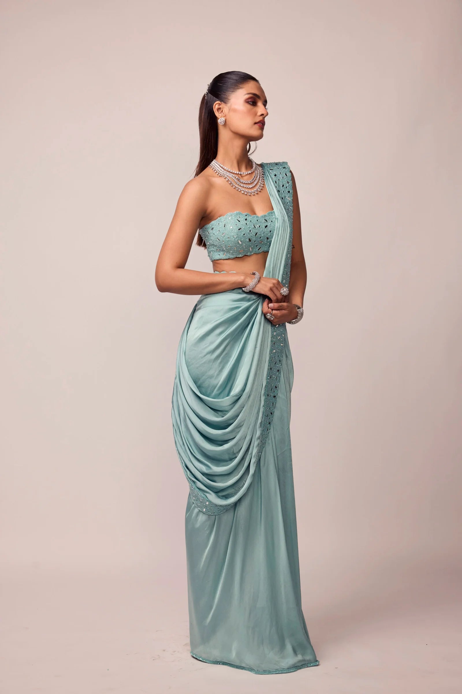 Powder Blue Satin Draped Saree Set