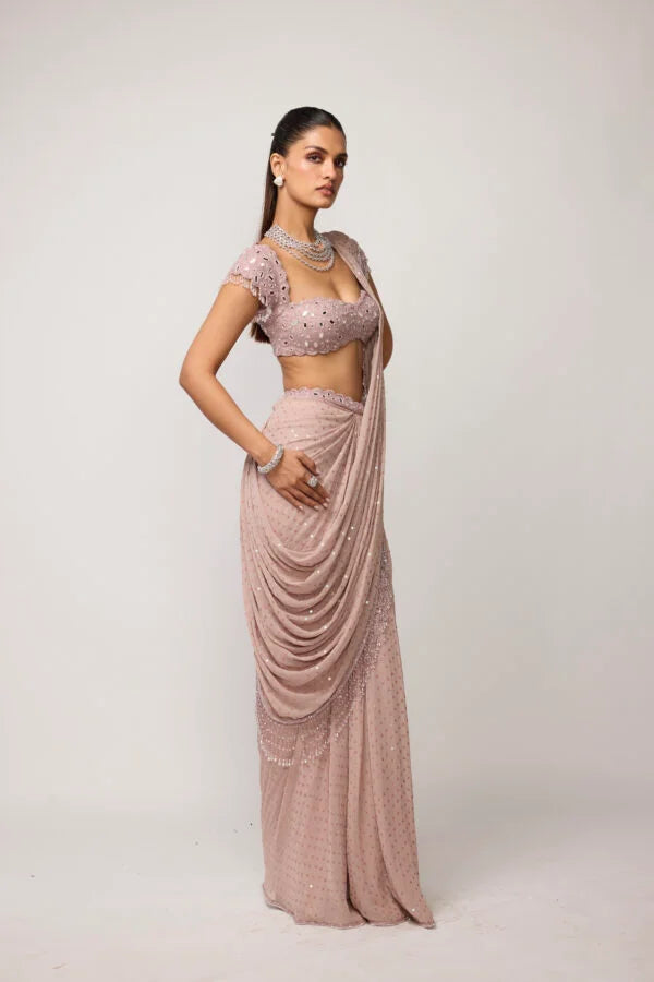 Ash Pink Sequins Embroidered Draped Saree Set