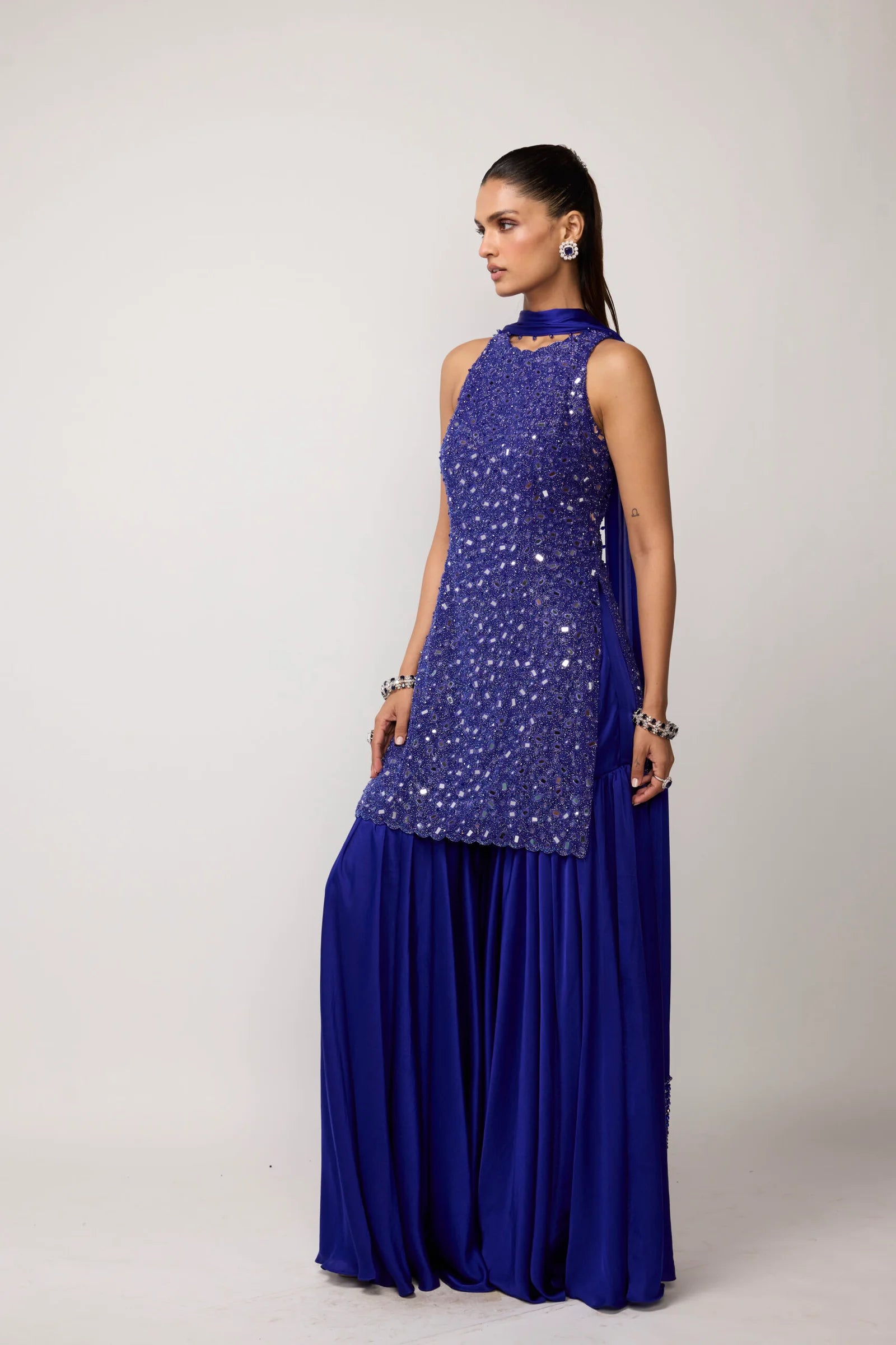 Cocktail Blue Satin Sharara Set