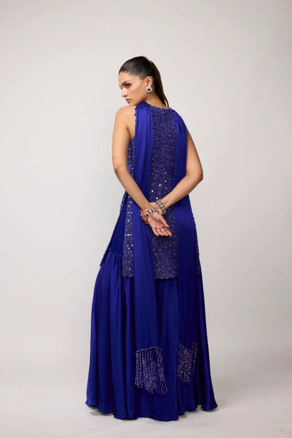 Cocktail Blue Satin Sharara Set