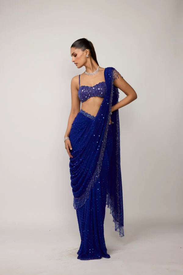 Cocktail Blue Sequins Embroidered Saree Set