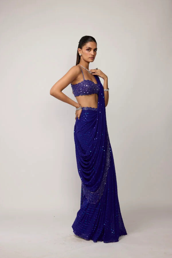 Cocktail Blue Sequins Embroidered Saree Set
