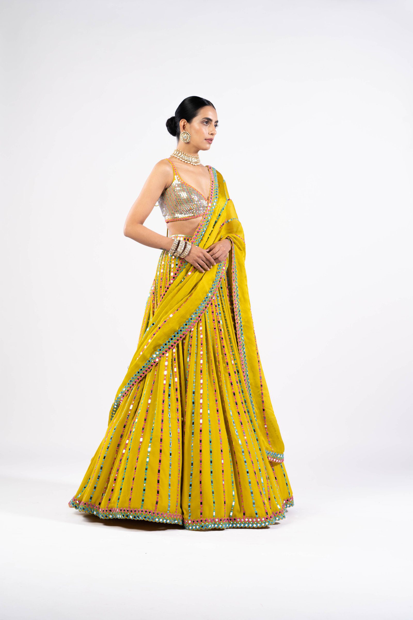 Moss Green Linear Drop Lehenga With Metallic Blouse