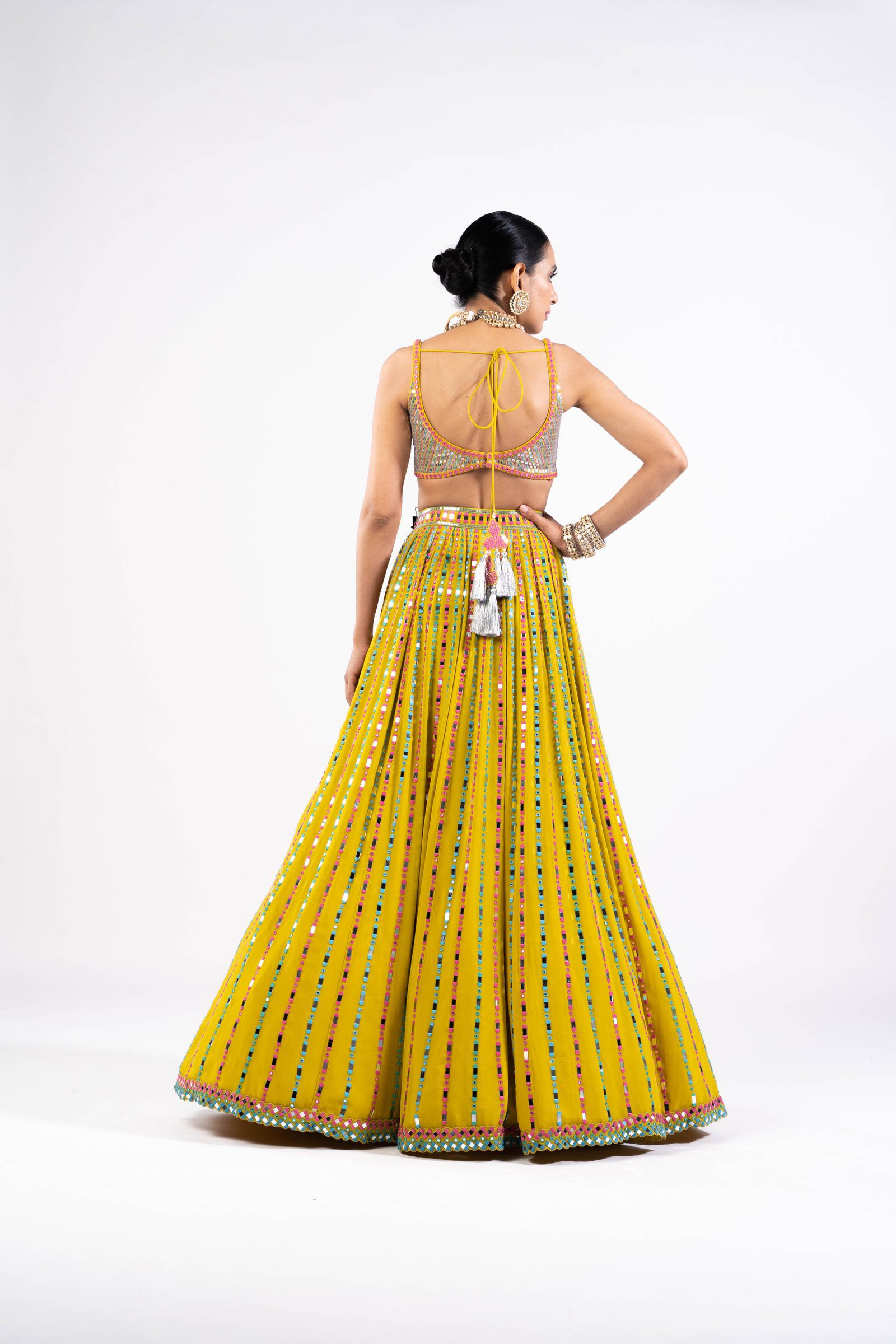 Moss Green Linear Drop Lehenga With Metallic Blouse