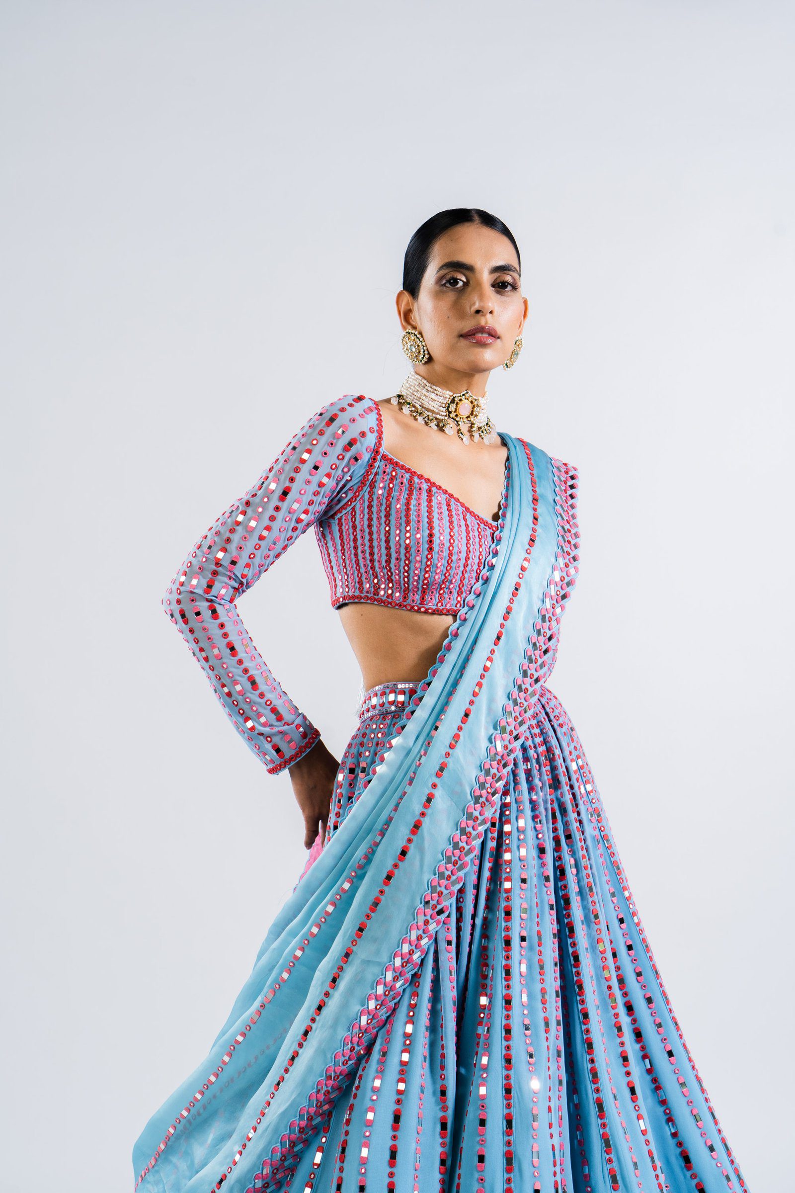 Ice Blue Linear Drop Lehenga Set