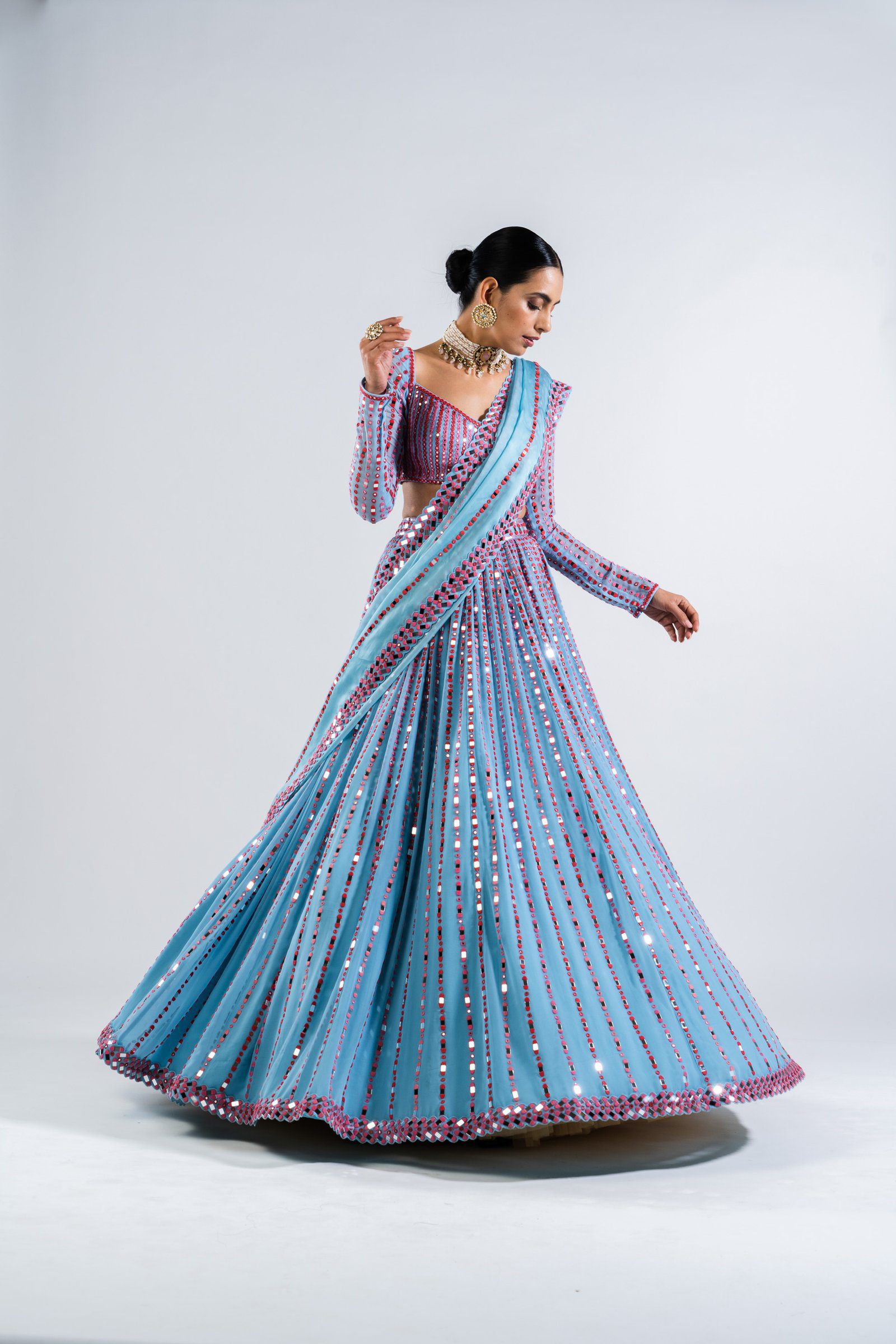 Ice Blue Linear Drop Lehenga Set