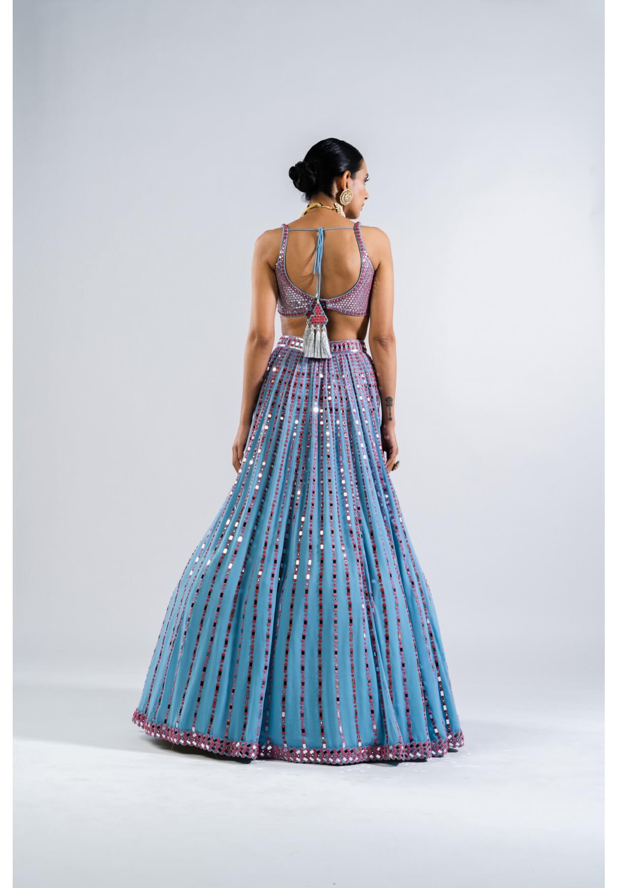 Ice Blue Linear Drop Lehenga With Metallic Blouse