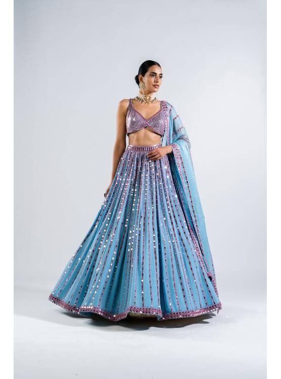 Ice Blue Linear Drop Lehenga With Metallic Blouse