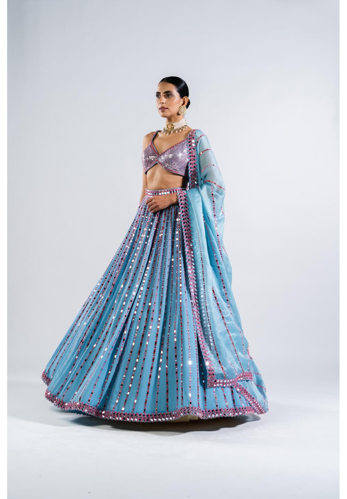 Ice Blue Linear Drop Lehenga With Metallic Blouse