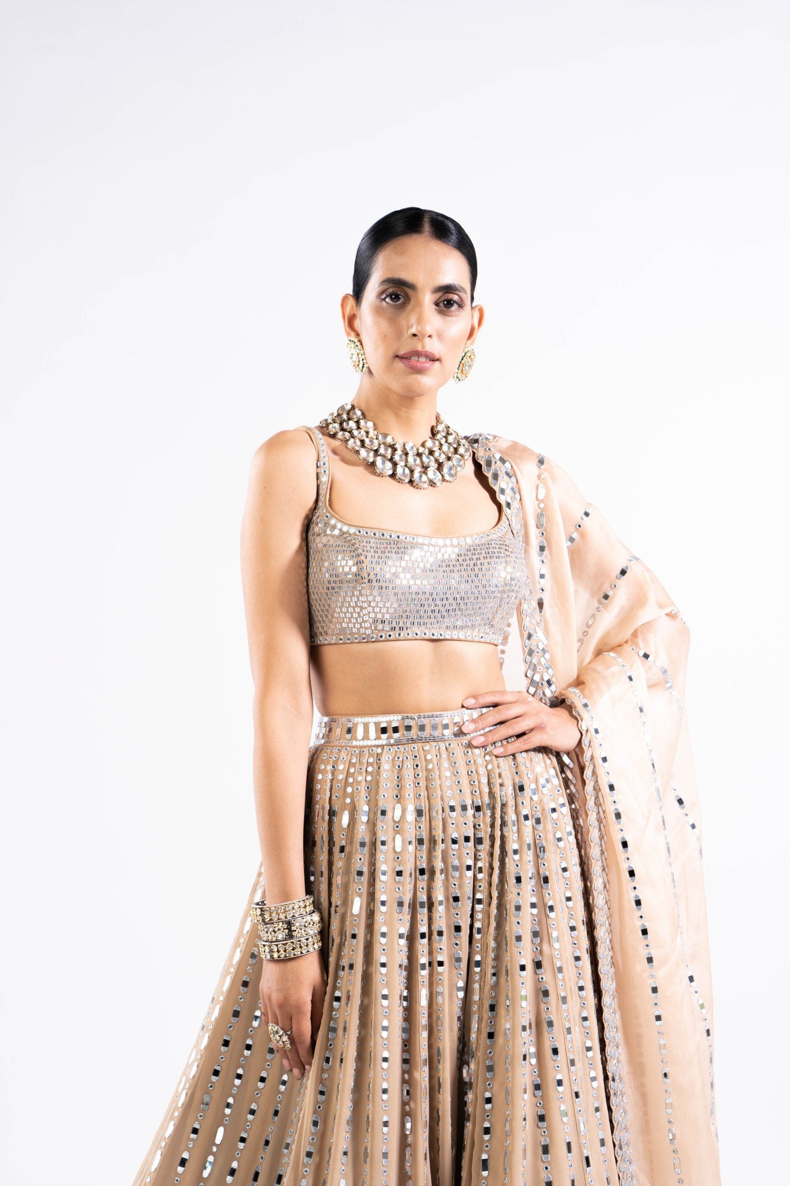 Beige Linear Drop Lehenga With Metallic Blouse