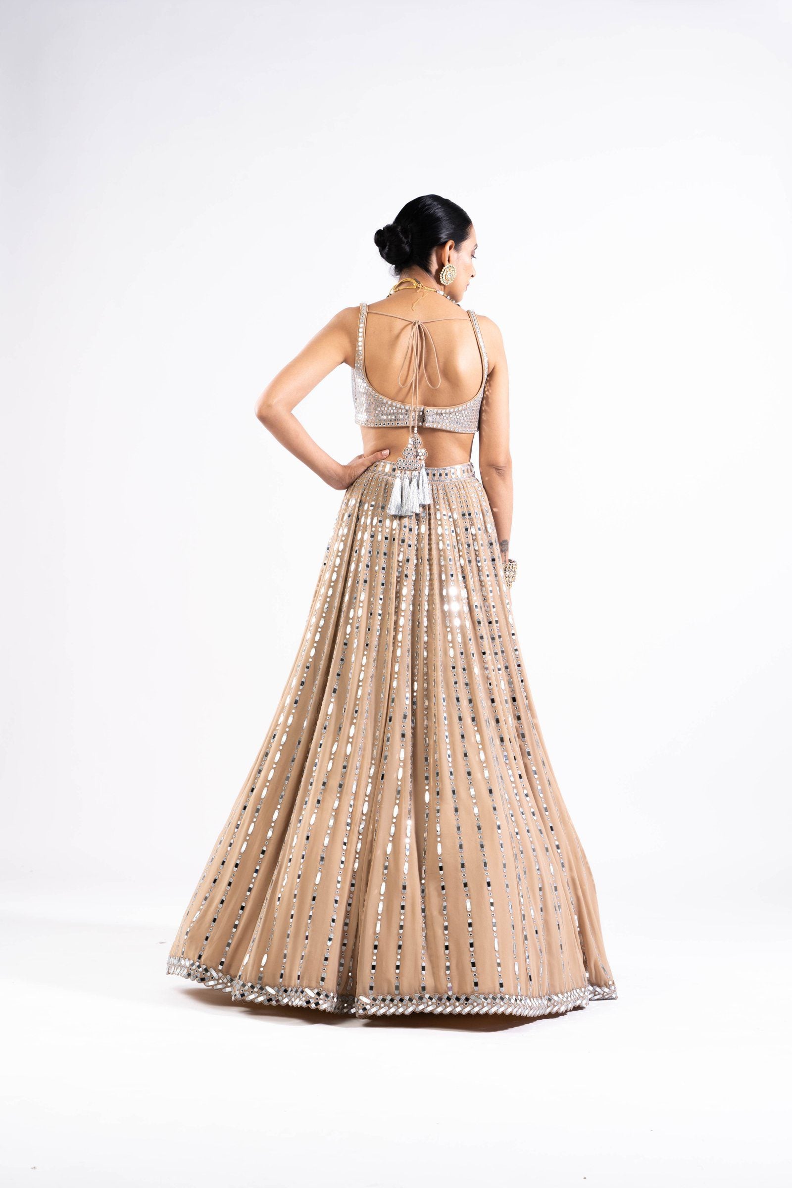 Beige Linear Drop Lehenga With Metallic Blouse