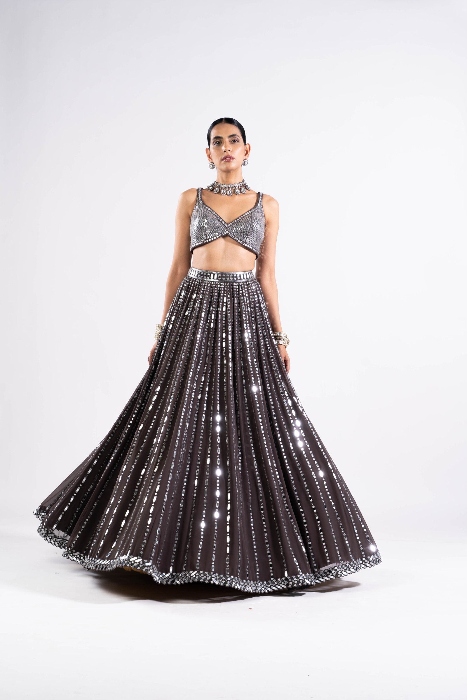 Charcoal Grey Linear Drop Lehenga With Metallic Blouse