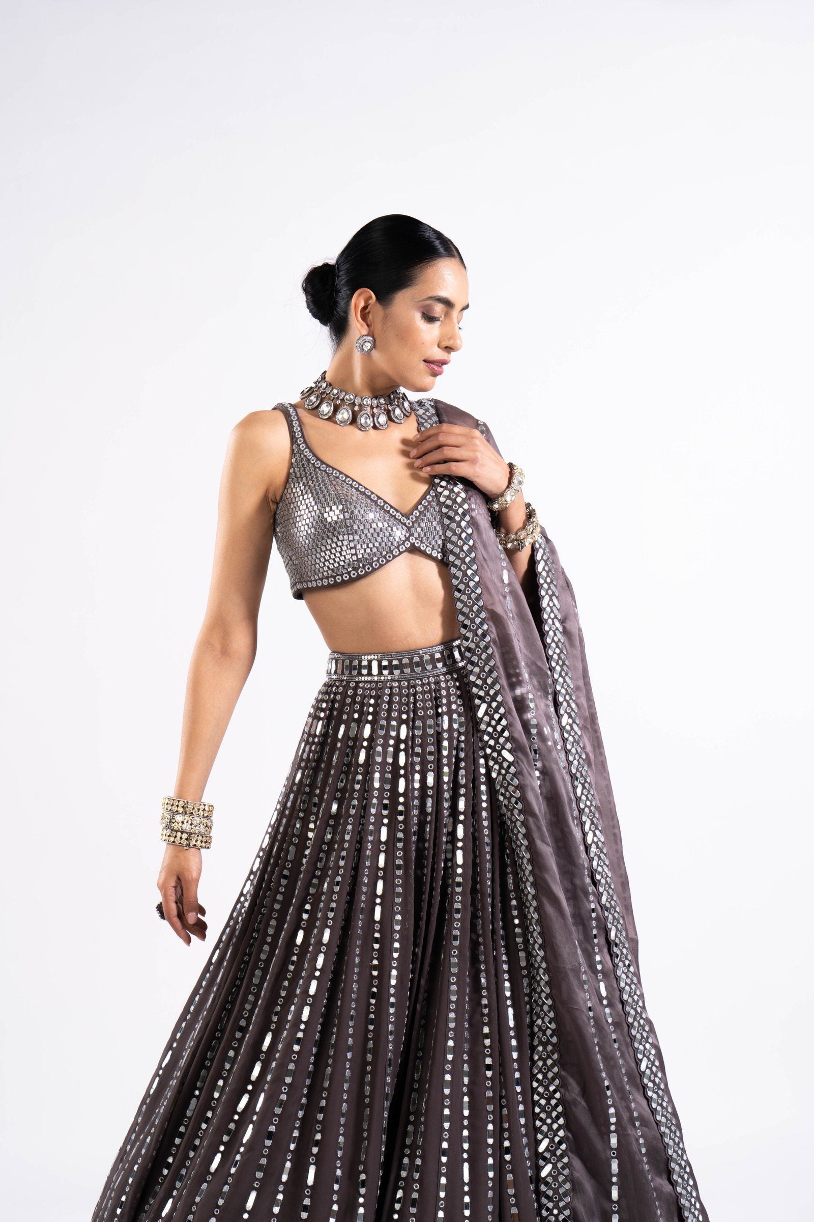 Charcoal Grey Linear Drop Lehenga With Metallic Blouse