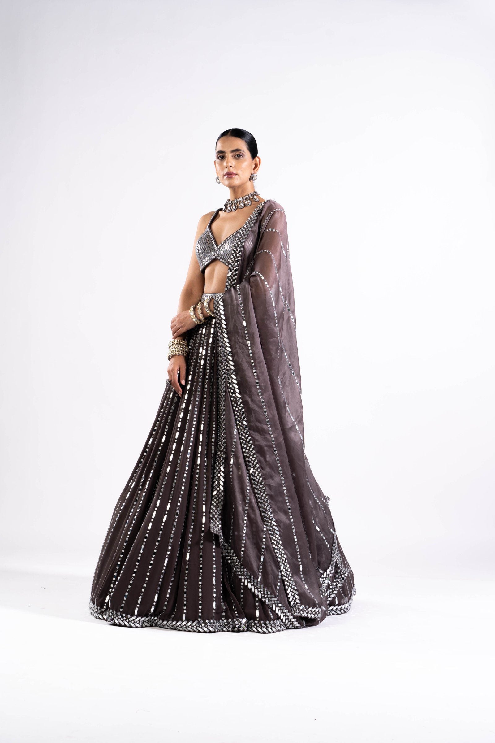 Charcoal Grey Linear Drop Lehenga With Metallic Blouse